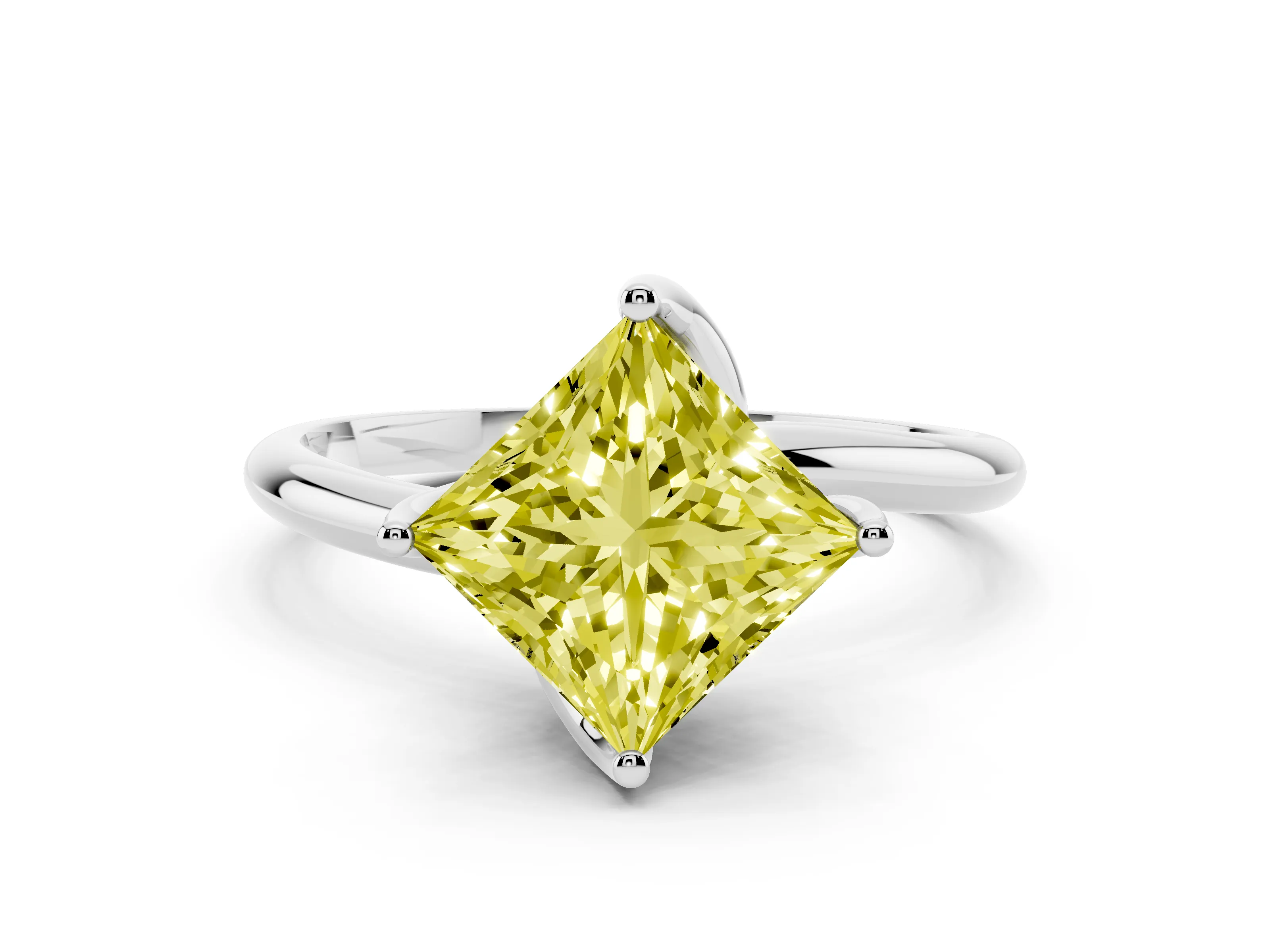 Fancy Yellow Princess Cut Diamond Solitaire Engagement Ring Set in Platinum with Classic Plain Band