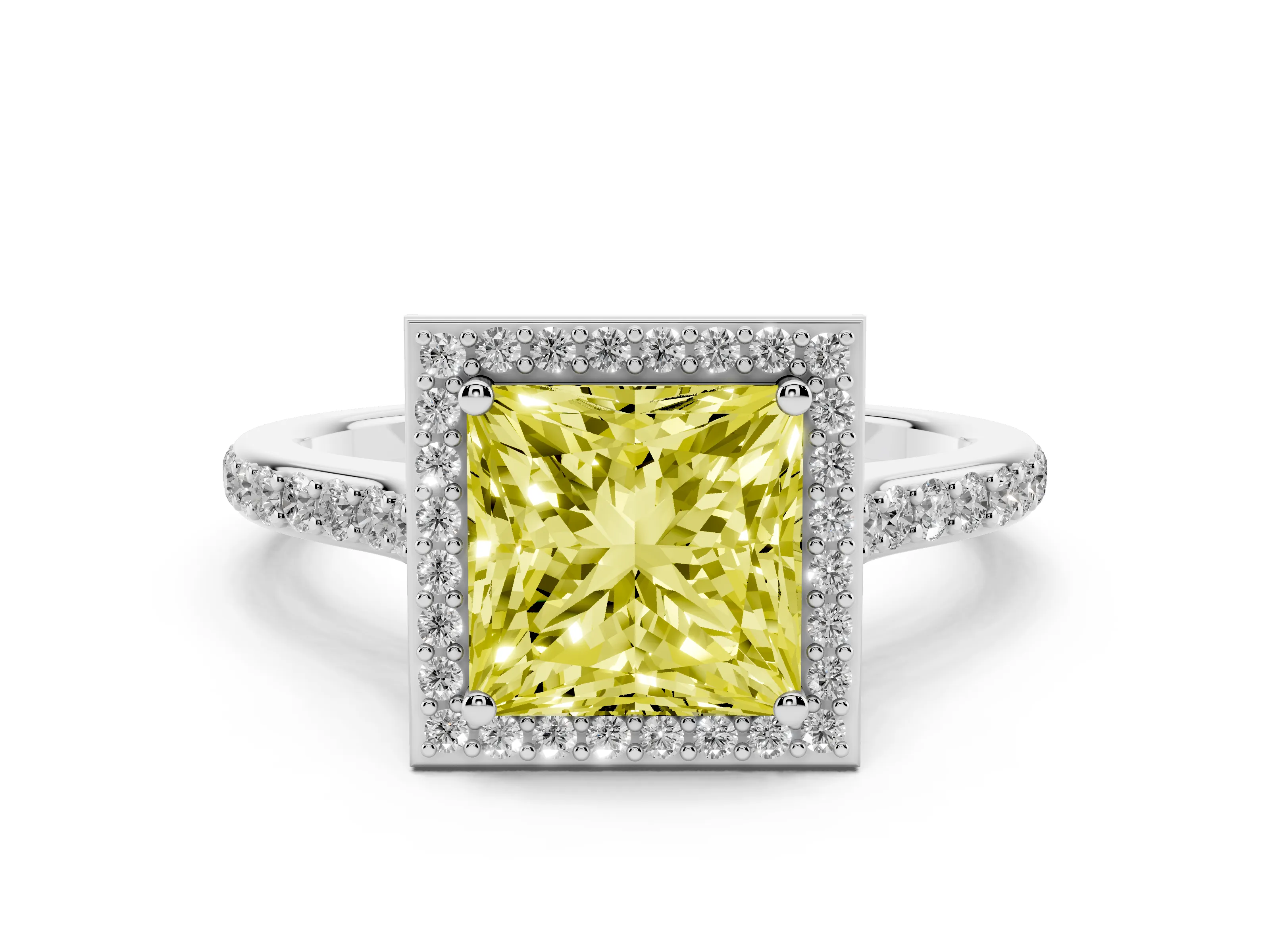 Fancy Yellow Princess Cut Diamond Halo Engagement Ring Set in Platinum with Round Pavé Shoulders and Heart Gallery