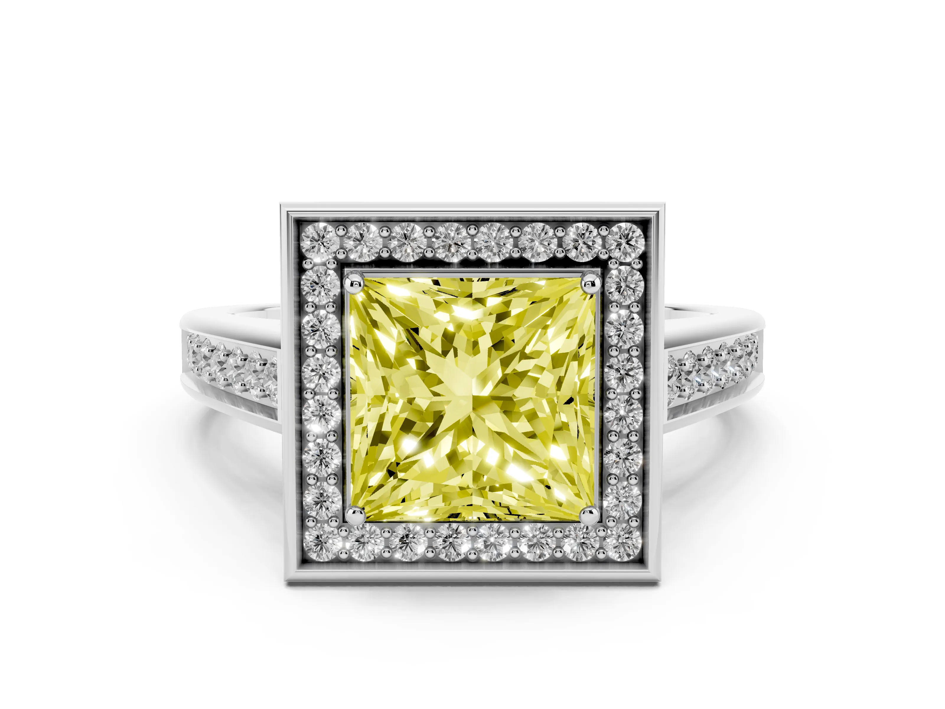 Fancy Yellow Princess Cut Diamond Halo Solitaire Ring Set in Platinum with Pavé Band and Bezel Setting