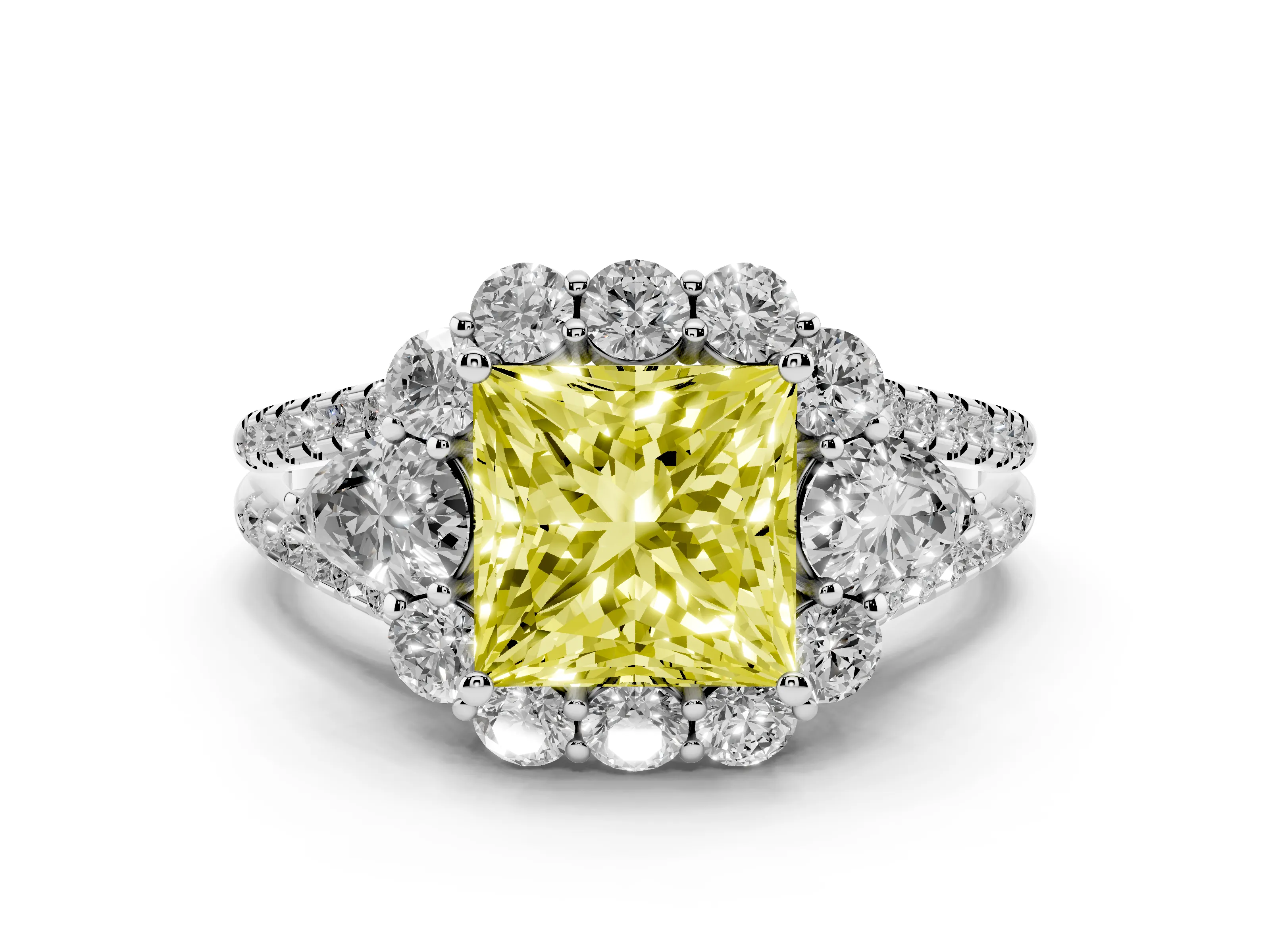 Fancy Yellow Princess Cut Diamond Halo Split Shank Engagement Ring Set in Platinum with Prong-Held Center Stone