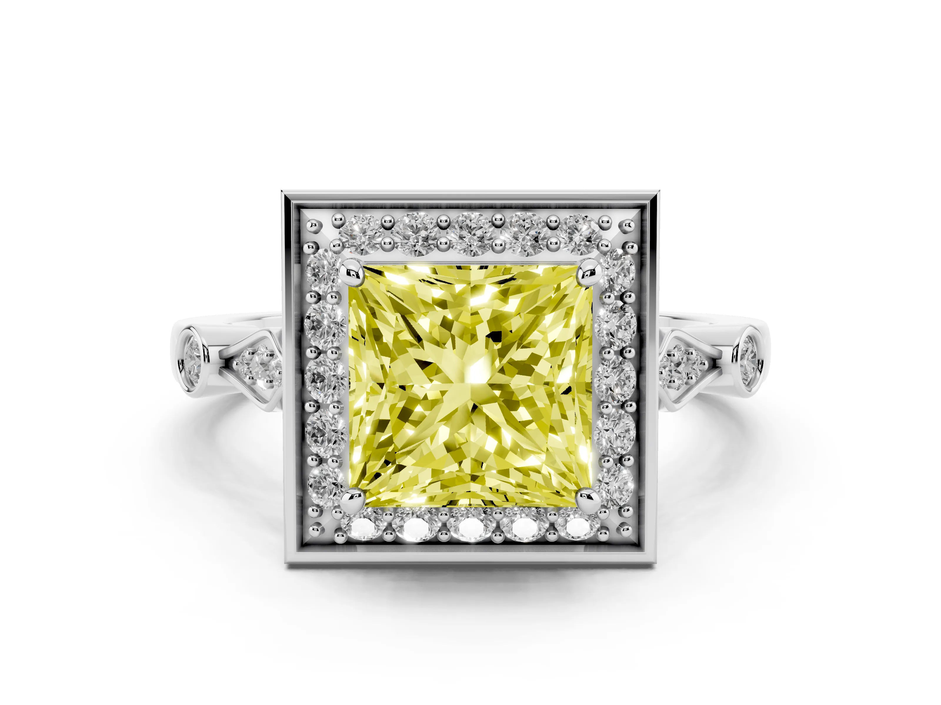 Fancy Yellow Princess Cut Diamond Halo Engagement Ring Set in Platinum with Twisted Band and Prong Setting