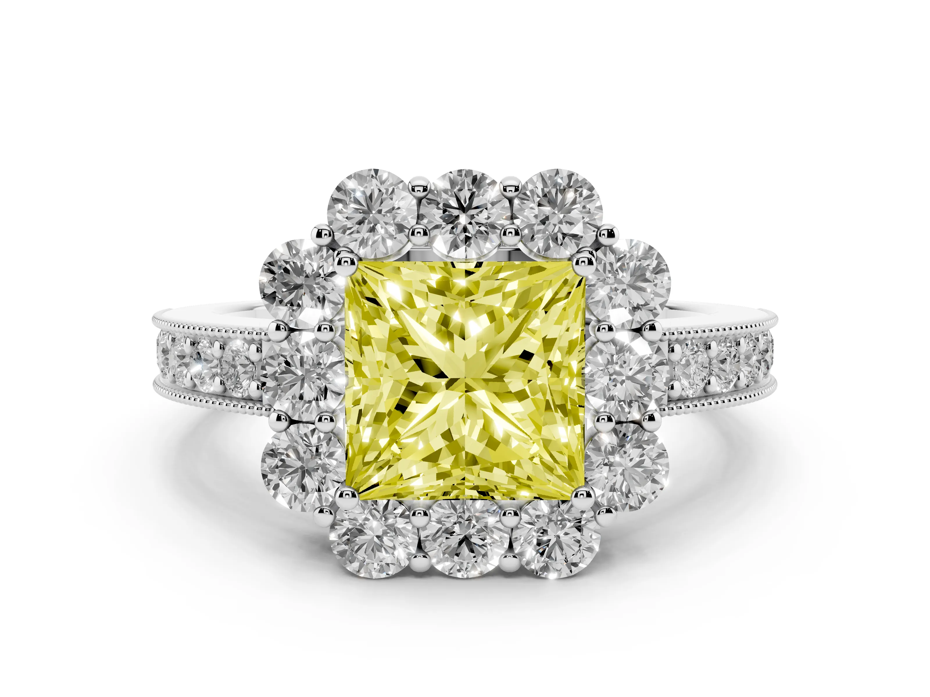 Fancy Yellow Princess Cut Diamond Halo Pavé Engagement Ring Set in White gold with Milgrain Detailing