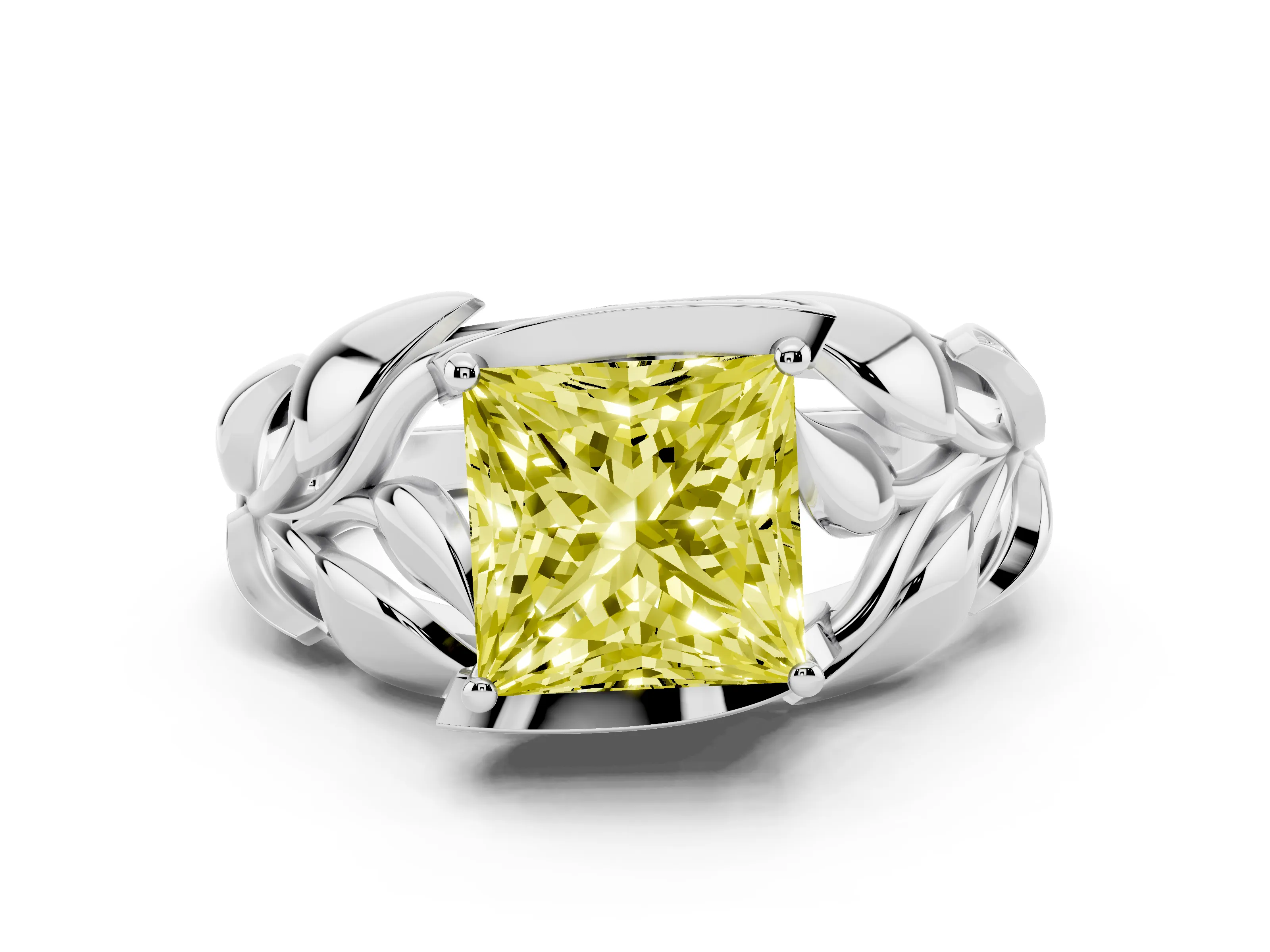 Fancy Yellow Princess Cut Diamond Leaf-Inspired Engagement Ring Set in White gold with Round Accents