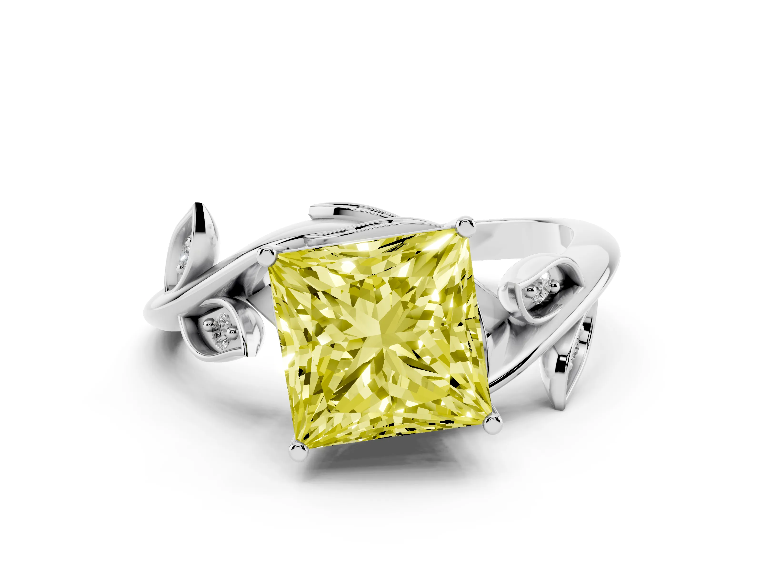 Fancy Yellow Princess Cut Diamond Solitaire Twist Engagement Ring Set in White gold with Pavé Leaf Accents