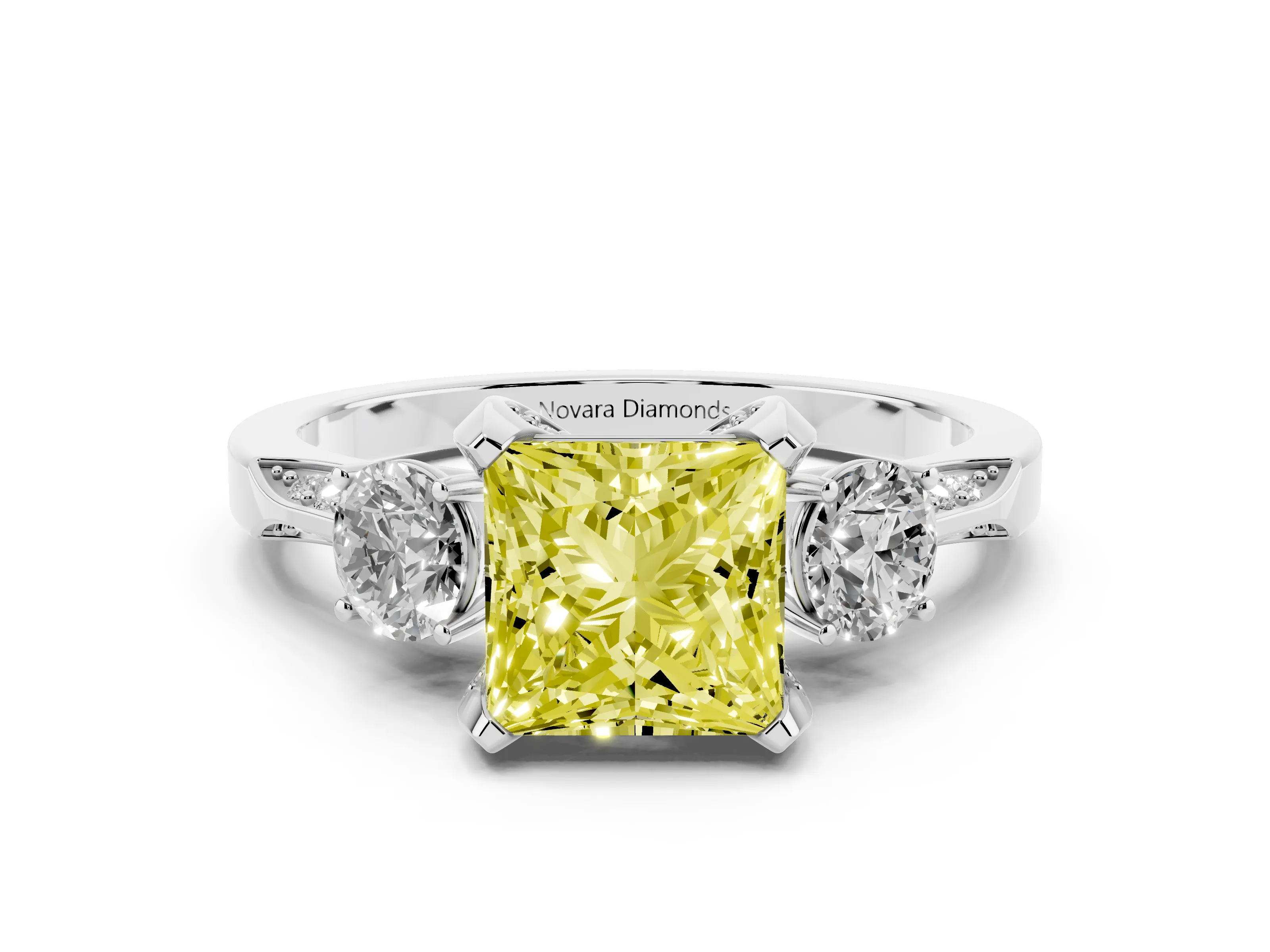 Fancy Yellow Princess Cut Diamond Three-Stone Ring Set in White gold with Pavé Band and Smaller Side Stones