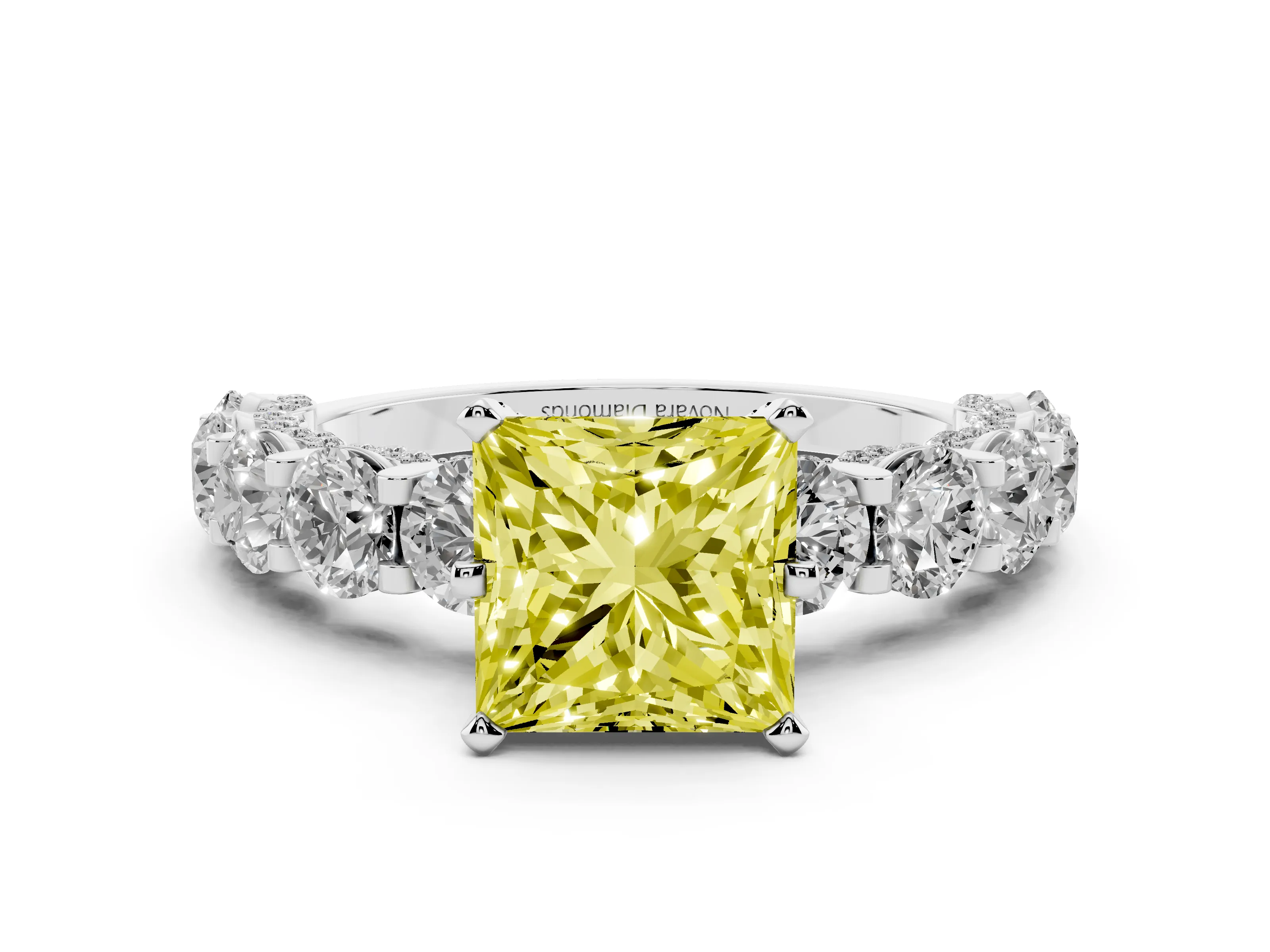 Fancy Yellow Princess Cut Diamond Side Stone Ring Set in White gold with Alternating Round and Oval Side Stones
