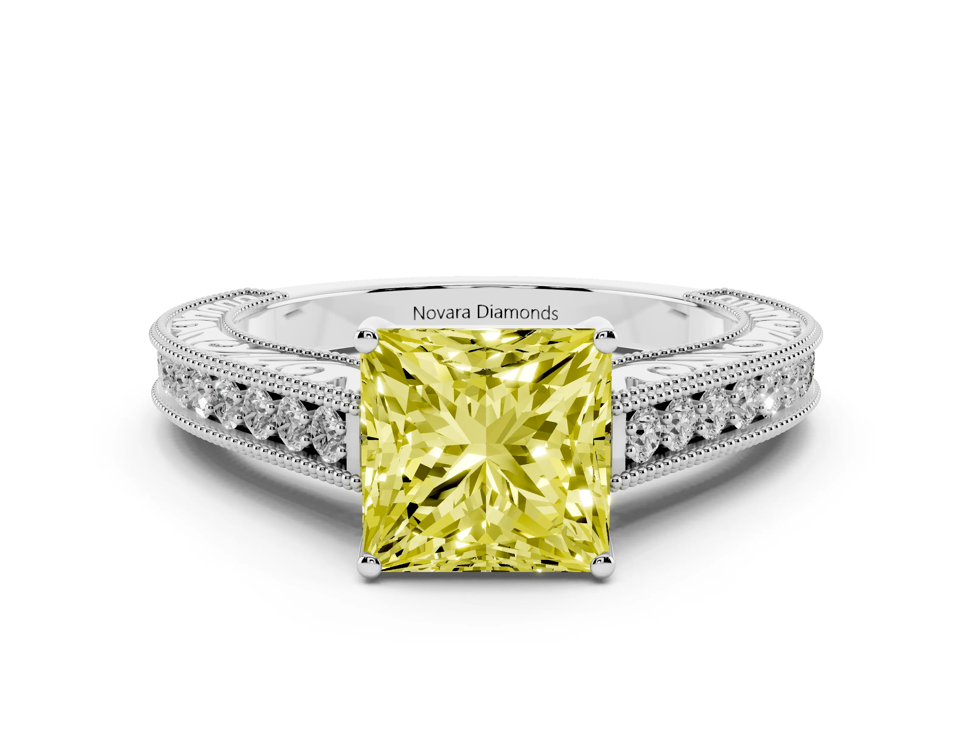 Fancy Yellow Princess Cut Diamond Milgrain Pavé Band Solitaire Ring Set in White gold with Prong Setting