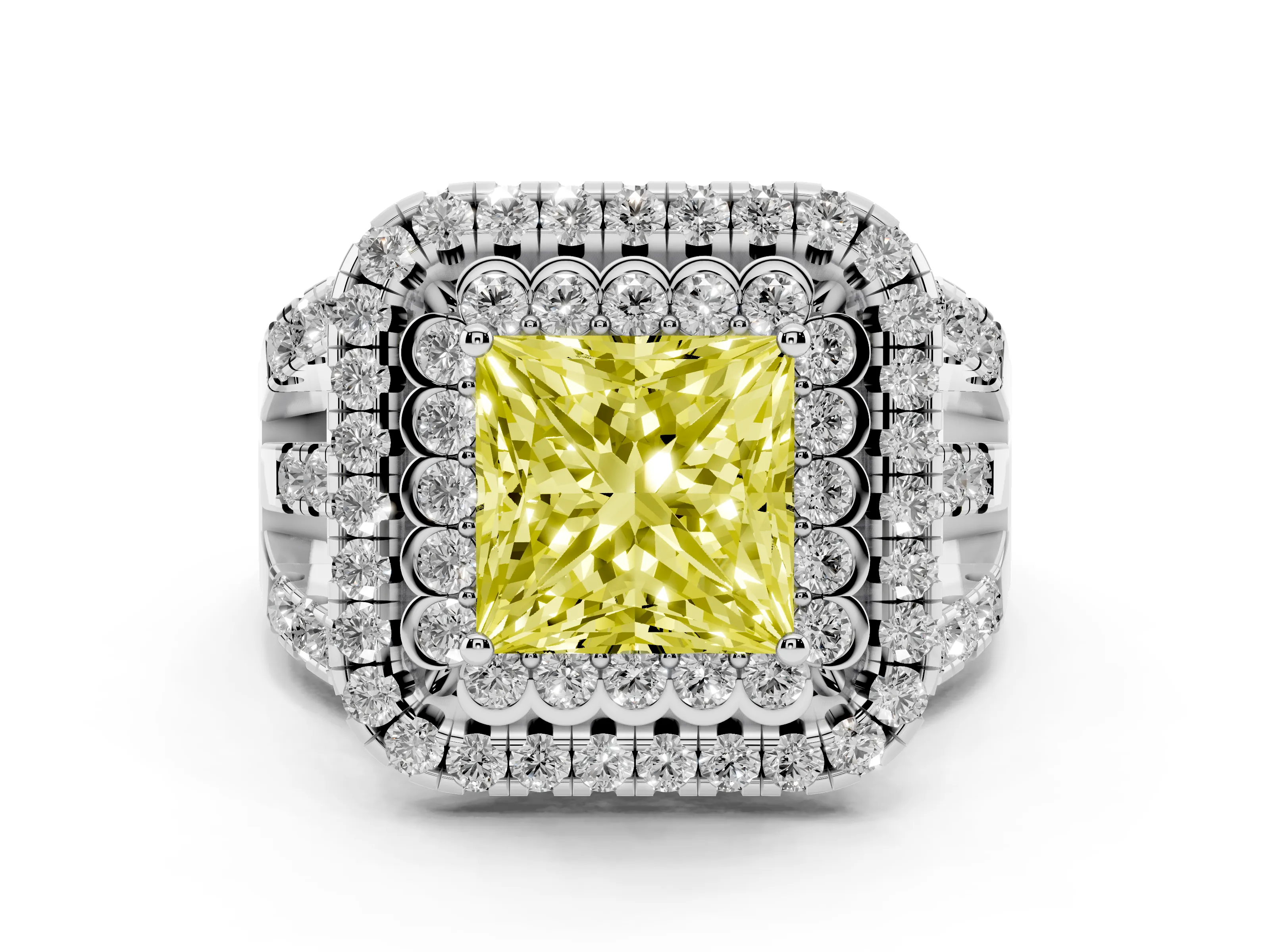 Fancy Yellow Princess Cut Diamond Double Halo Ring Set in White gold with Round Pavé Split Shank