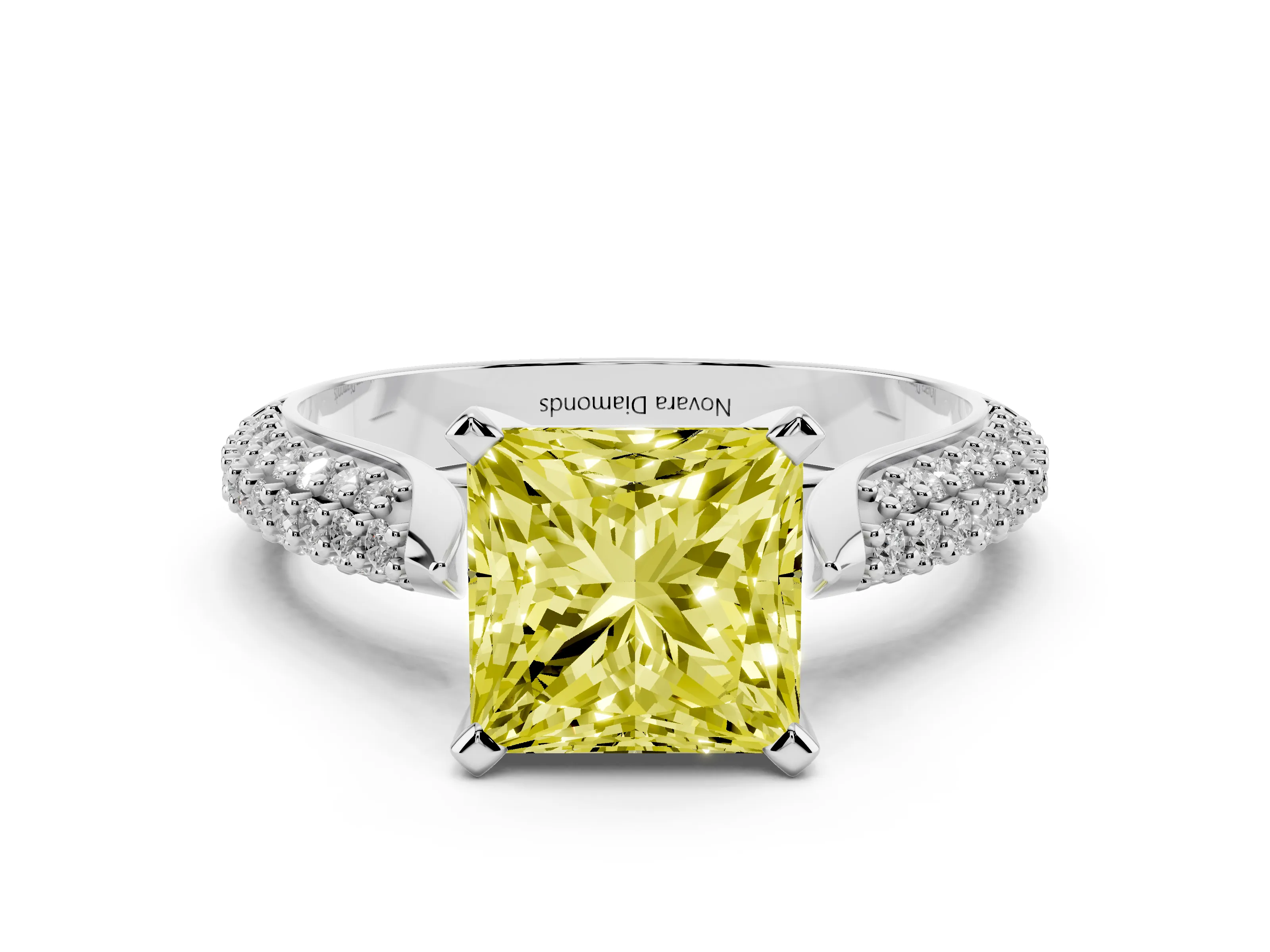 Fancy Yellow Princess Cut Diamond Solitaire Engagement Ring Set in White gold with Multi-Row Round Pavé Band and Prong Setting