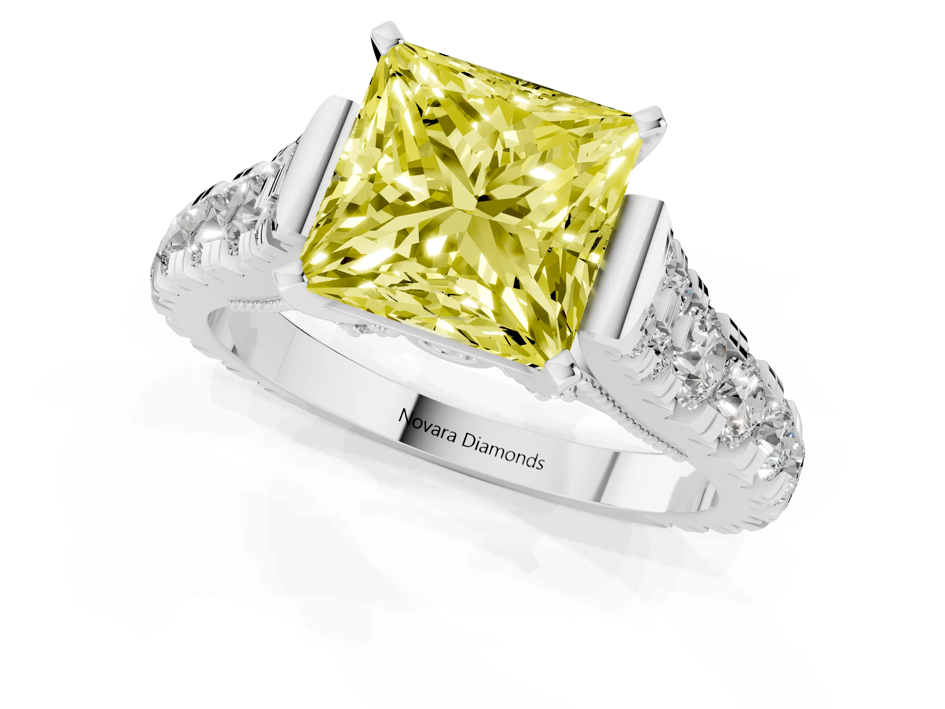 Fancy Yellow Princess Cut Diamond Classic Solitaire Ring Set in Silver with Pavé Band and Prong Setting
