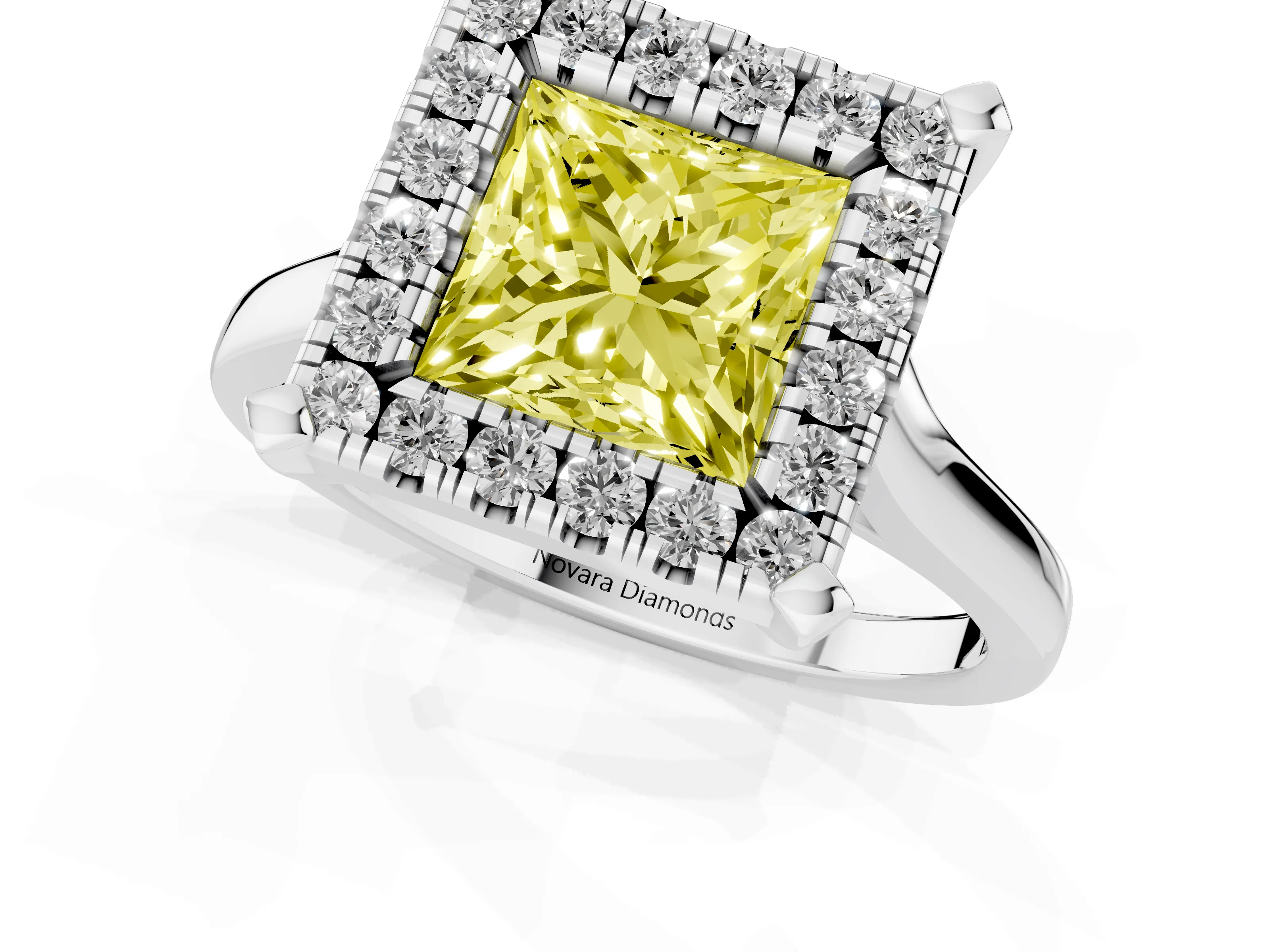 Fancy Yellow Princess Cut Diamond Cluster Halo Solitaire Ring Set in Platinum with Prong Setting