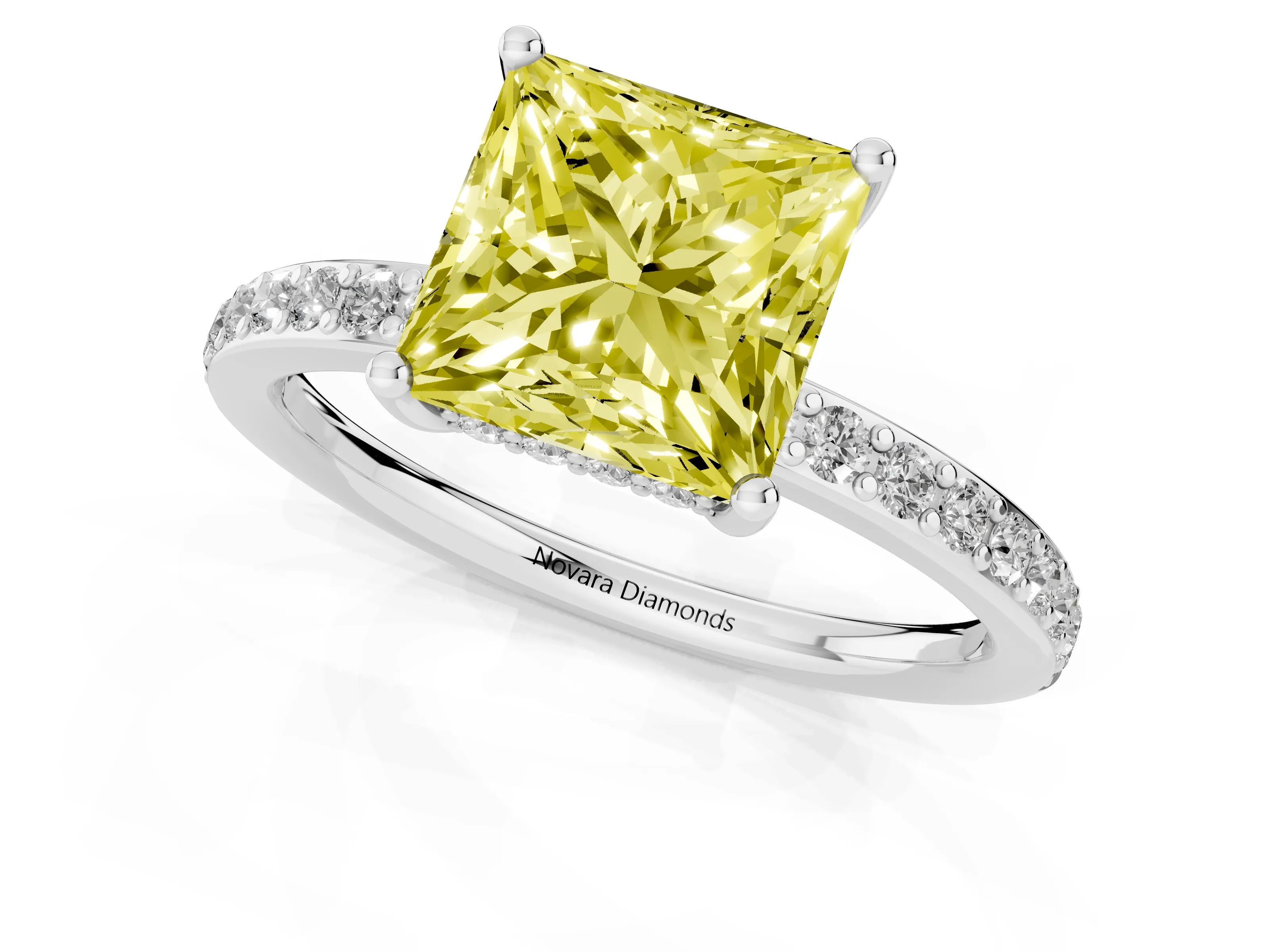 Fancy Yellow Princess Cut Diamond Pavé Band Ring Set in White gold with Prong-Set Center Stone