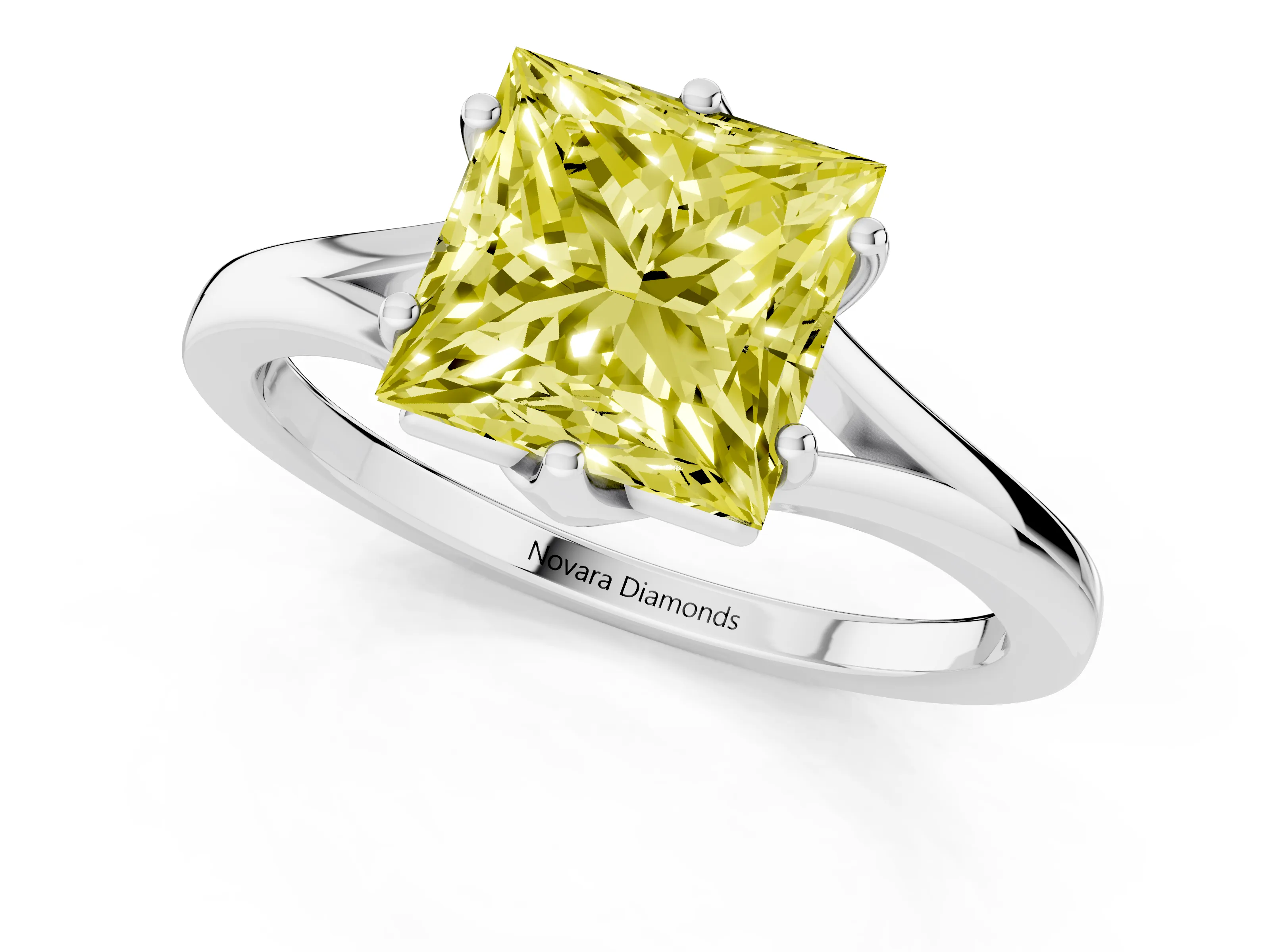 Fancy Yellow Princess Cut Diamond Solitaire Ring Set in White gold with Polished Tapered Band and Prong Setting