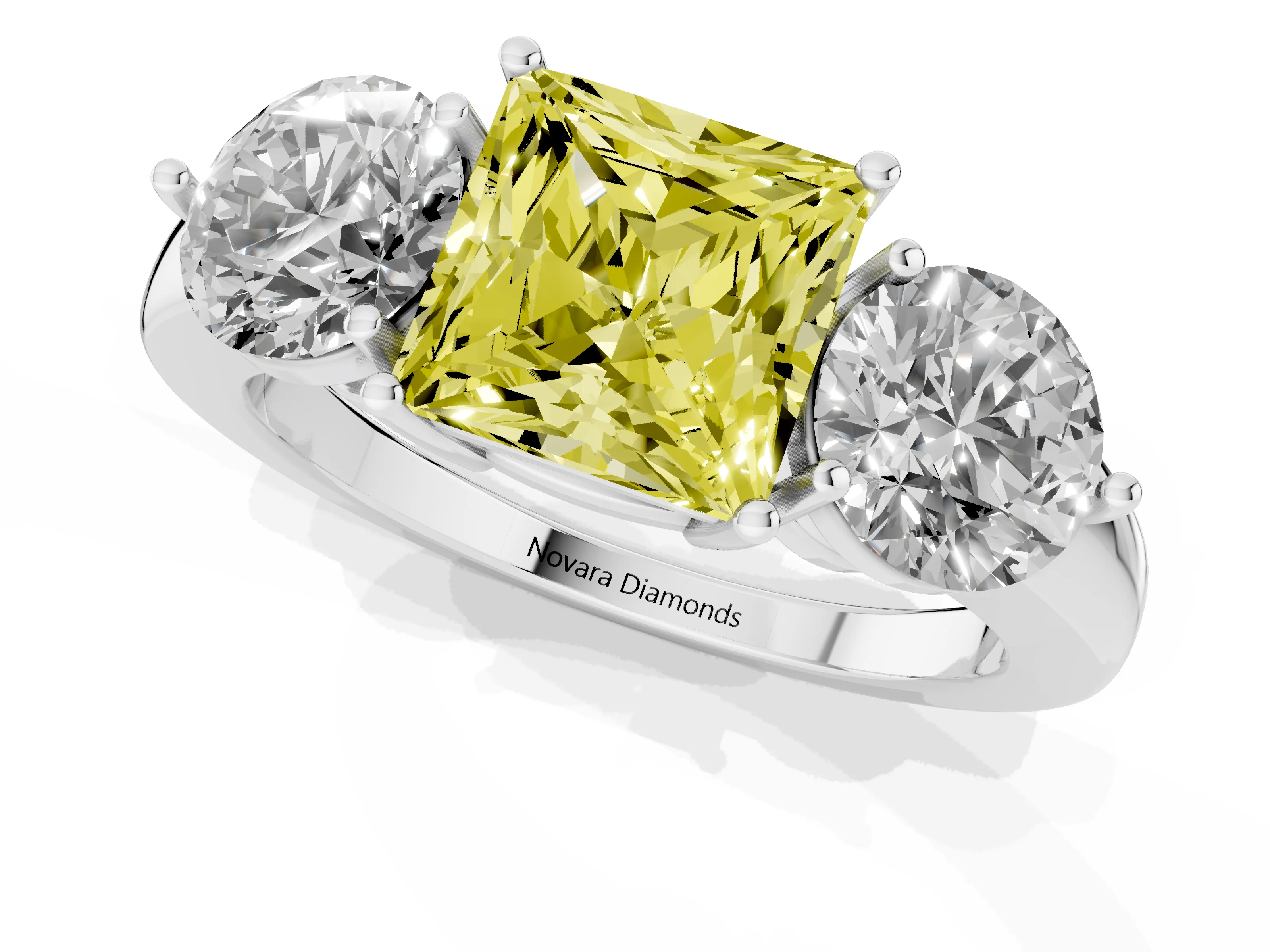 Fancy Yellow Princess Cut Diamond Three-Stone Ring Set in Platinum with Prong Setting and Plain Band – second view
