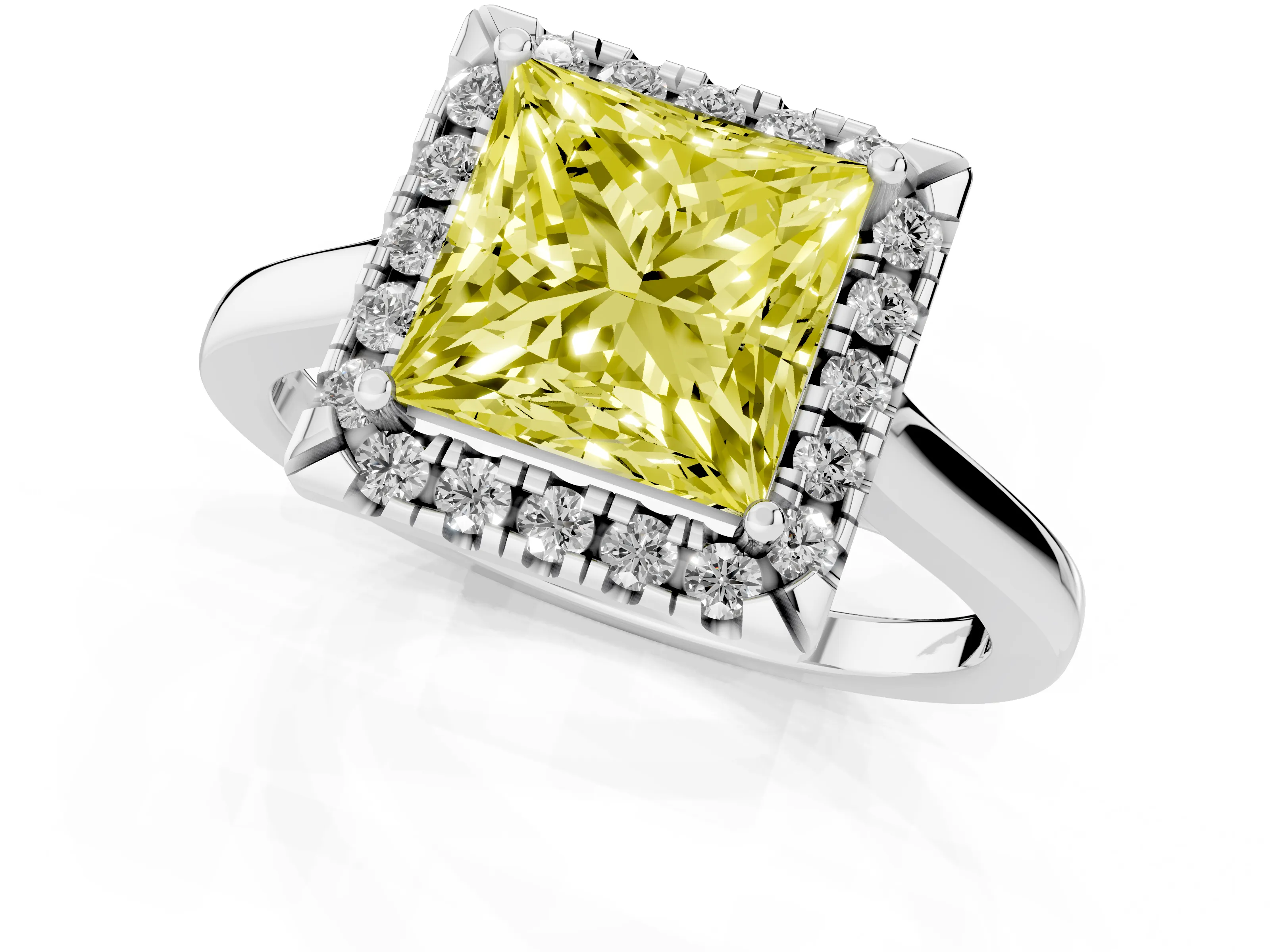 Fancy Yellow Princess Cut Halo Round Diamond Solitaire Ring Set in Platinum with Pavé Band and Prong Setting