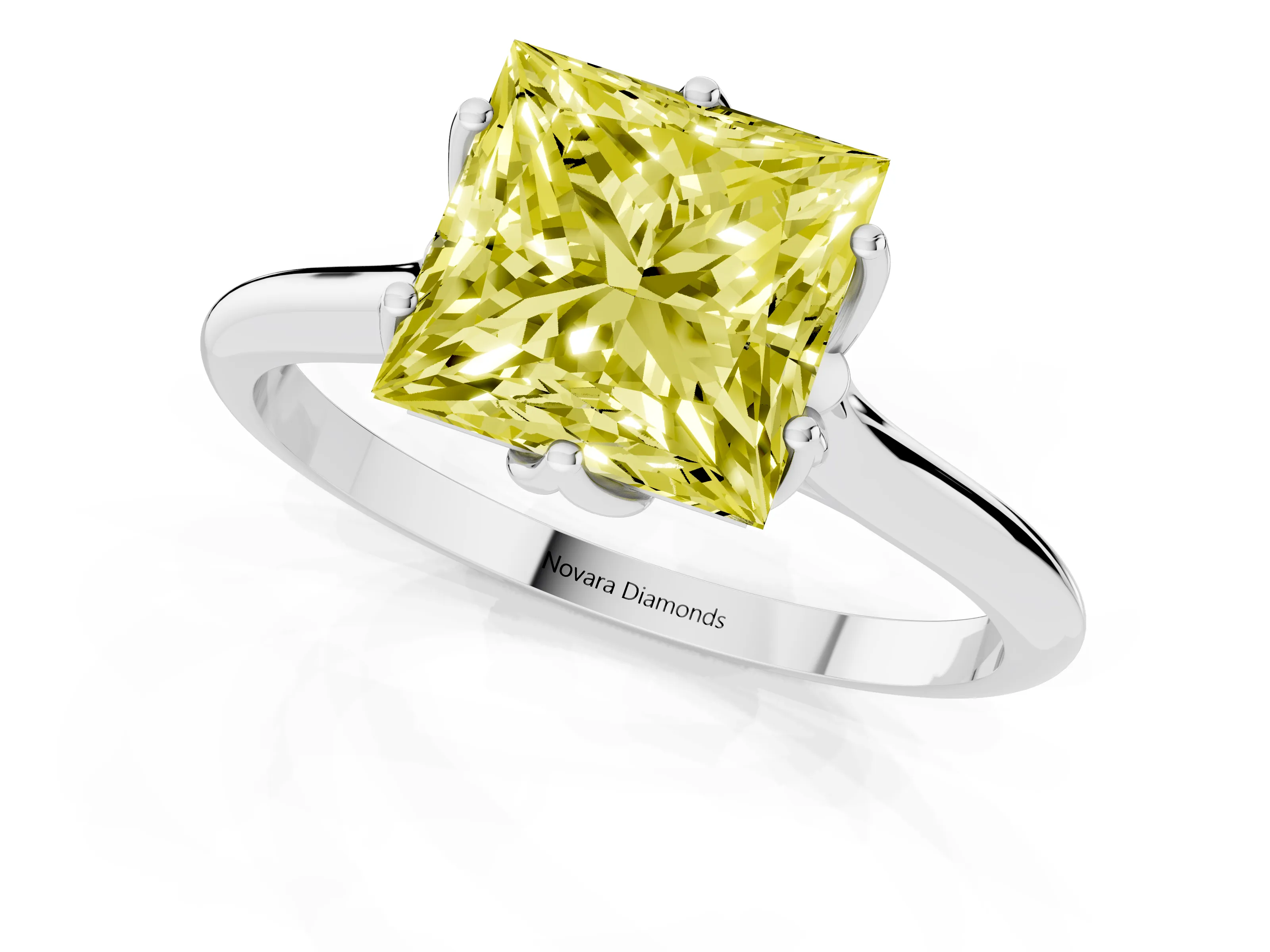 Fancy Yellow Princess Cut Diamond Solitaire Cathedral Ring Set in Silver with Prong Setting