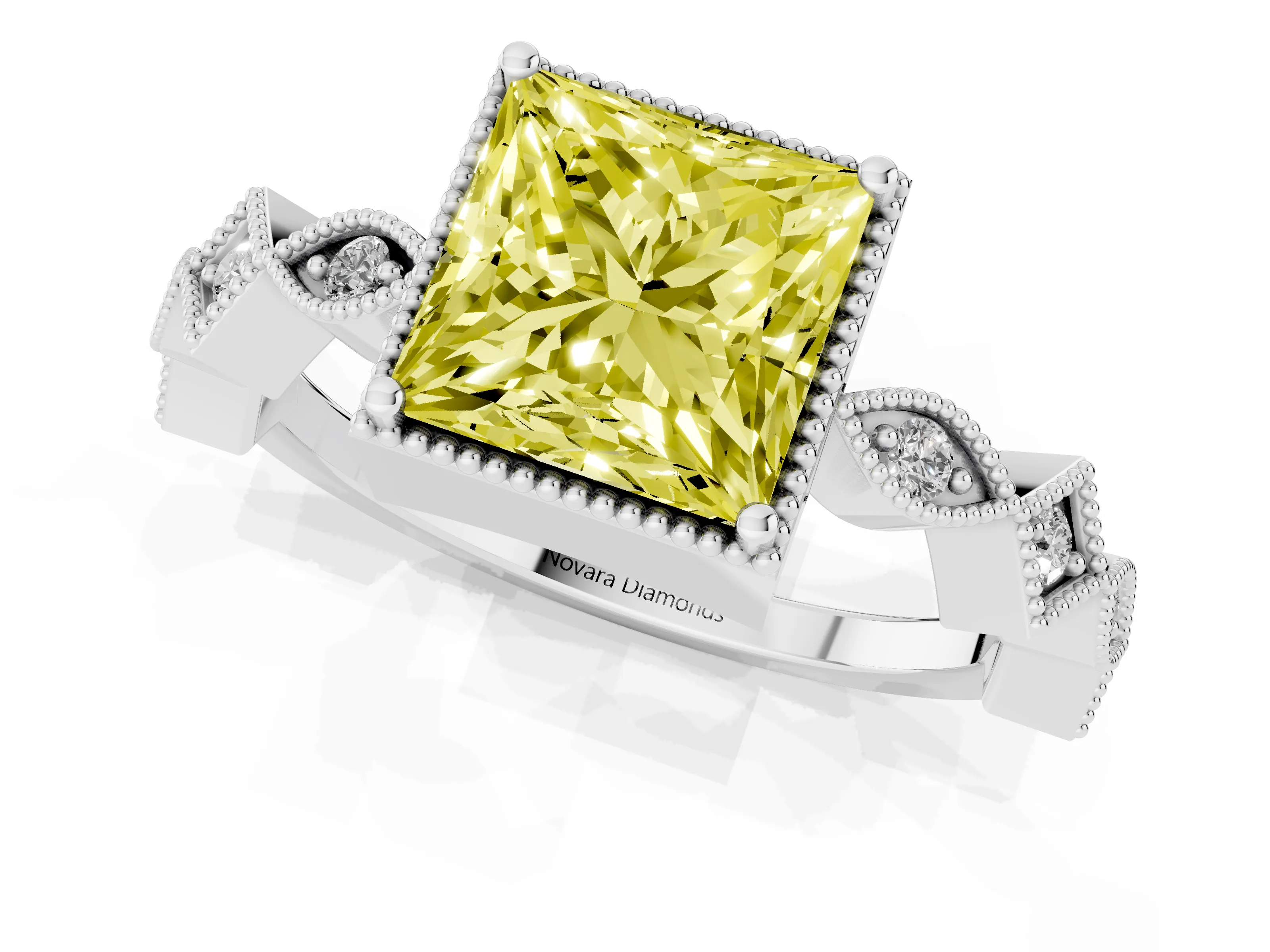 Fancy Yellow Princess Cut Diamond Milgrain Marquise Twist Band Ring Set in White gold with Prong Setting
