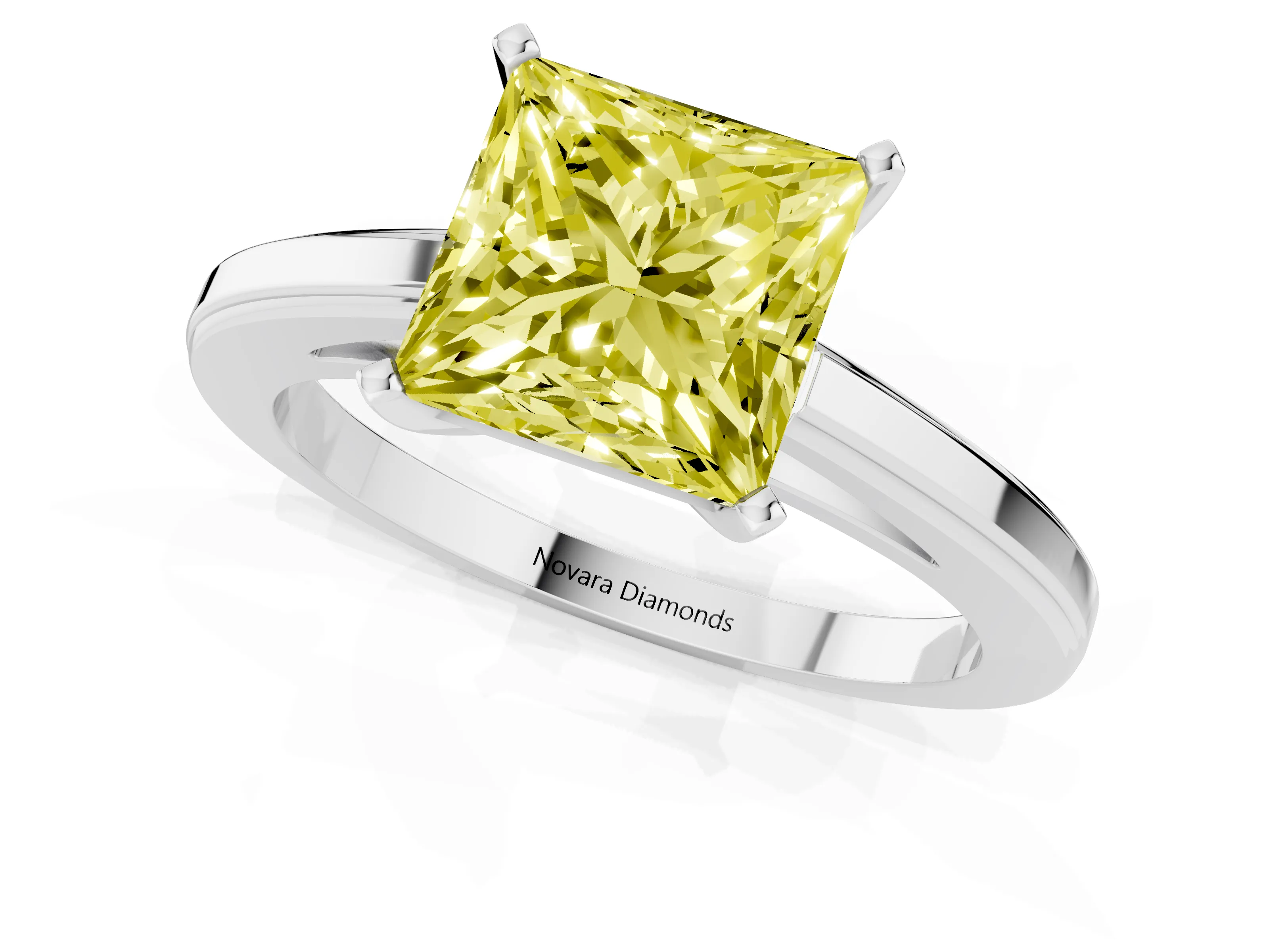 Fancy Yellow Princess Cut Diamond Solitaire Ring Set in Platinum with Prong Setting and Classic Band