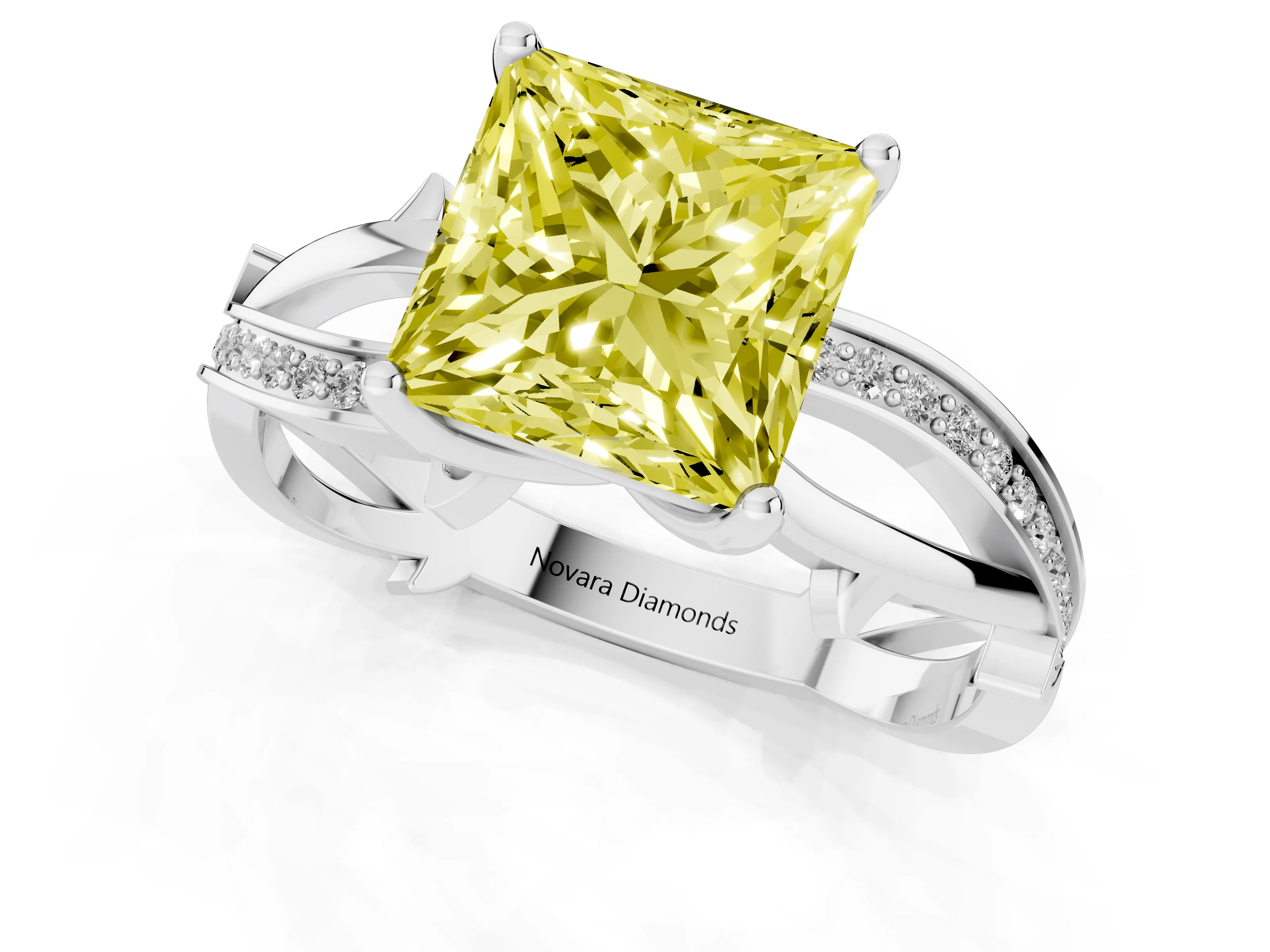 Fancy Yellow Princess Cut Diamond Pavé Twist Band Solitaire Ring Set in Platinum with Prong Setting