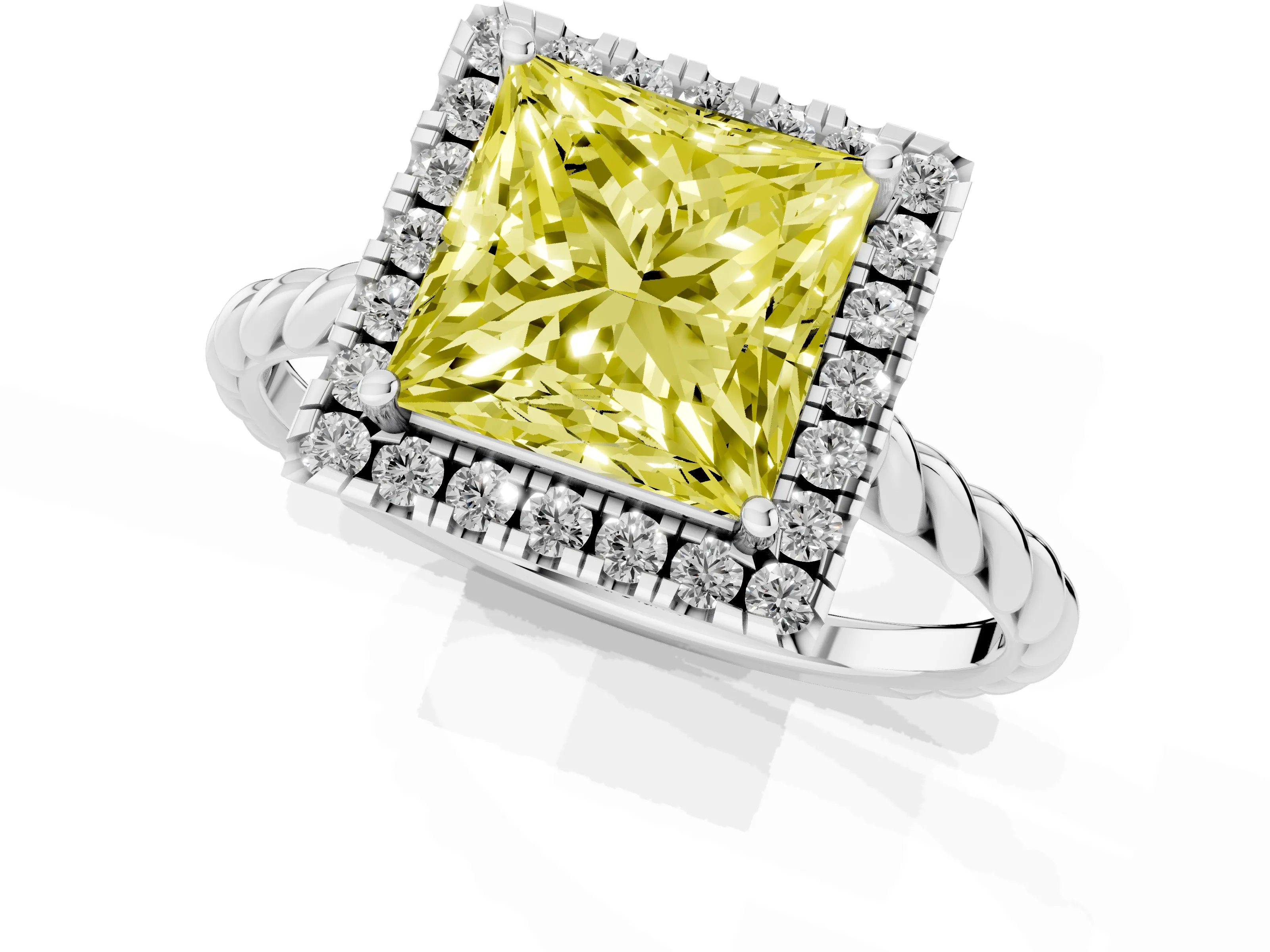 Fancy Yellow Princess Cut Diamond Halo Ring Set in Platinum with Plain Twisted Band