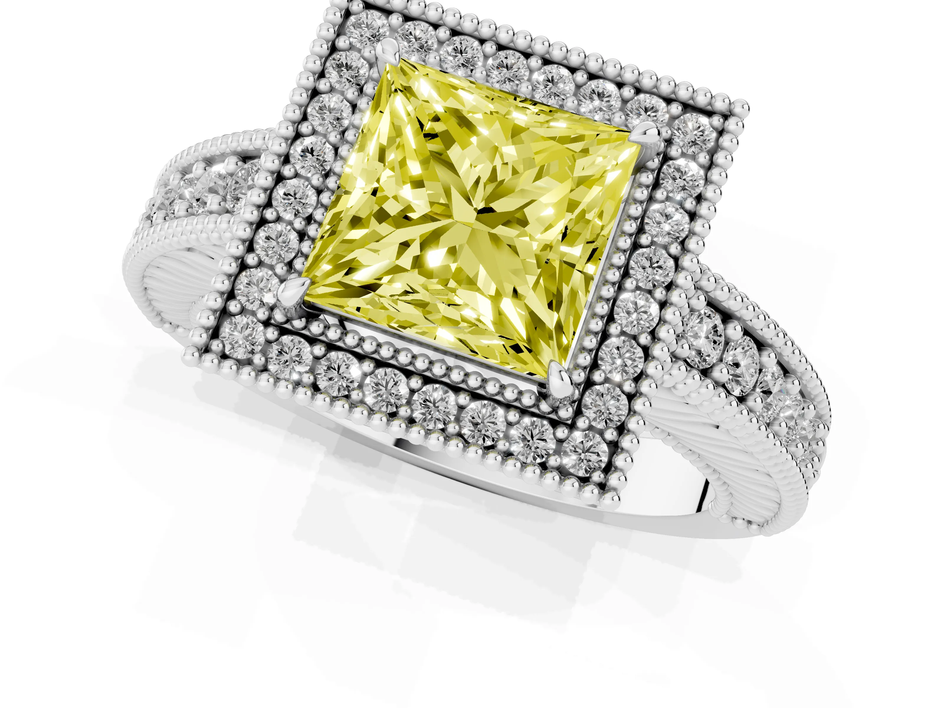 Fancy Yellow Princess Cut Diamond Halo Ring Set in White gold with Round Accent Halo, Pavé Band and Prong Setting
