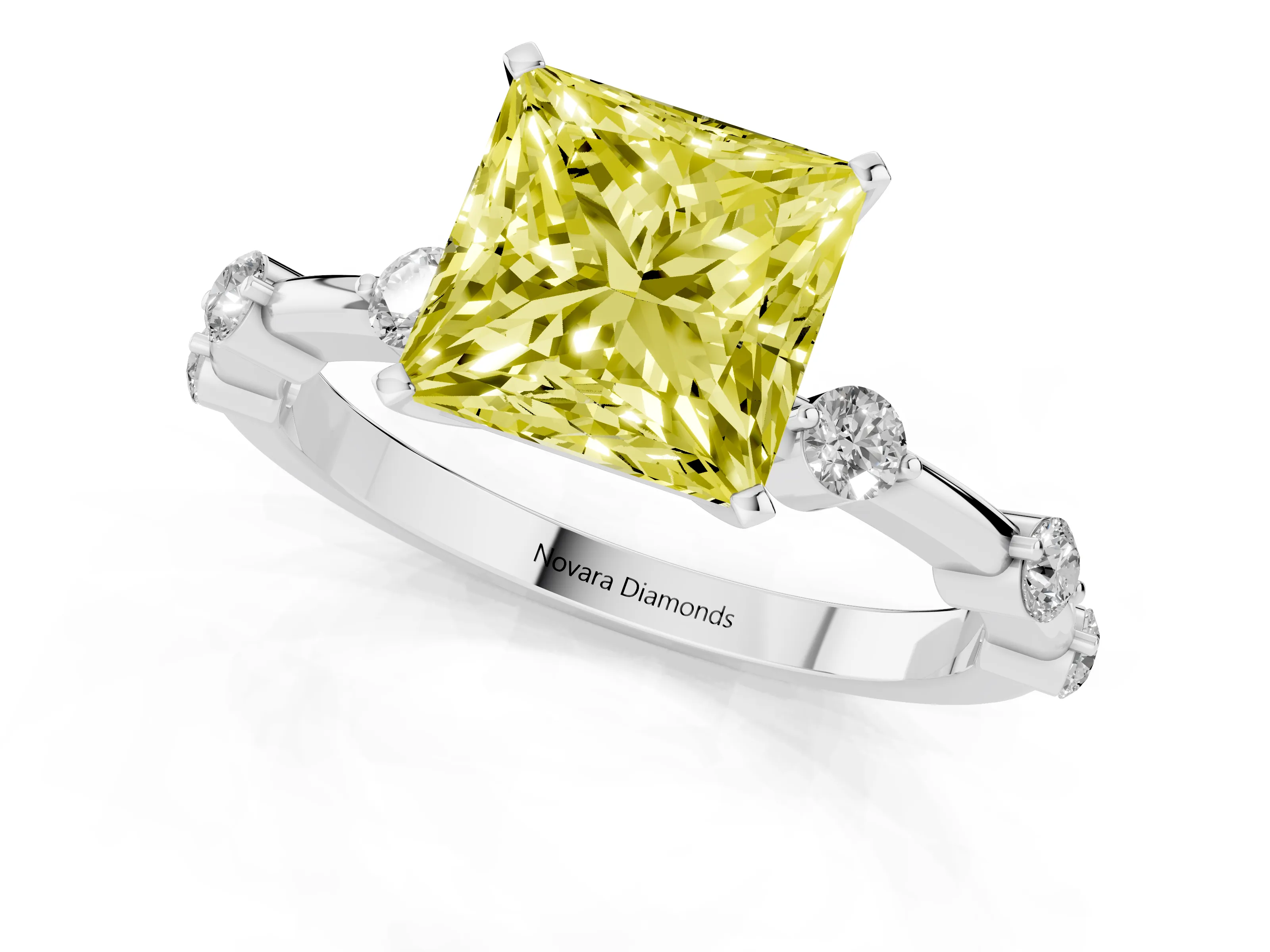 Fancy Yellow Princess Cut Diamond Solitaire Ring Set in Silver with Bezel Set Side Stones and Prong Setting