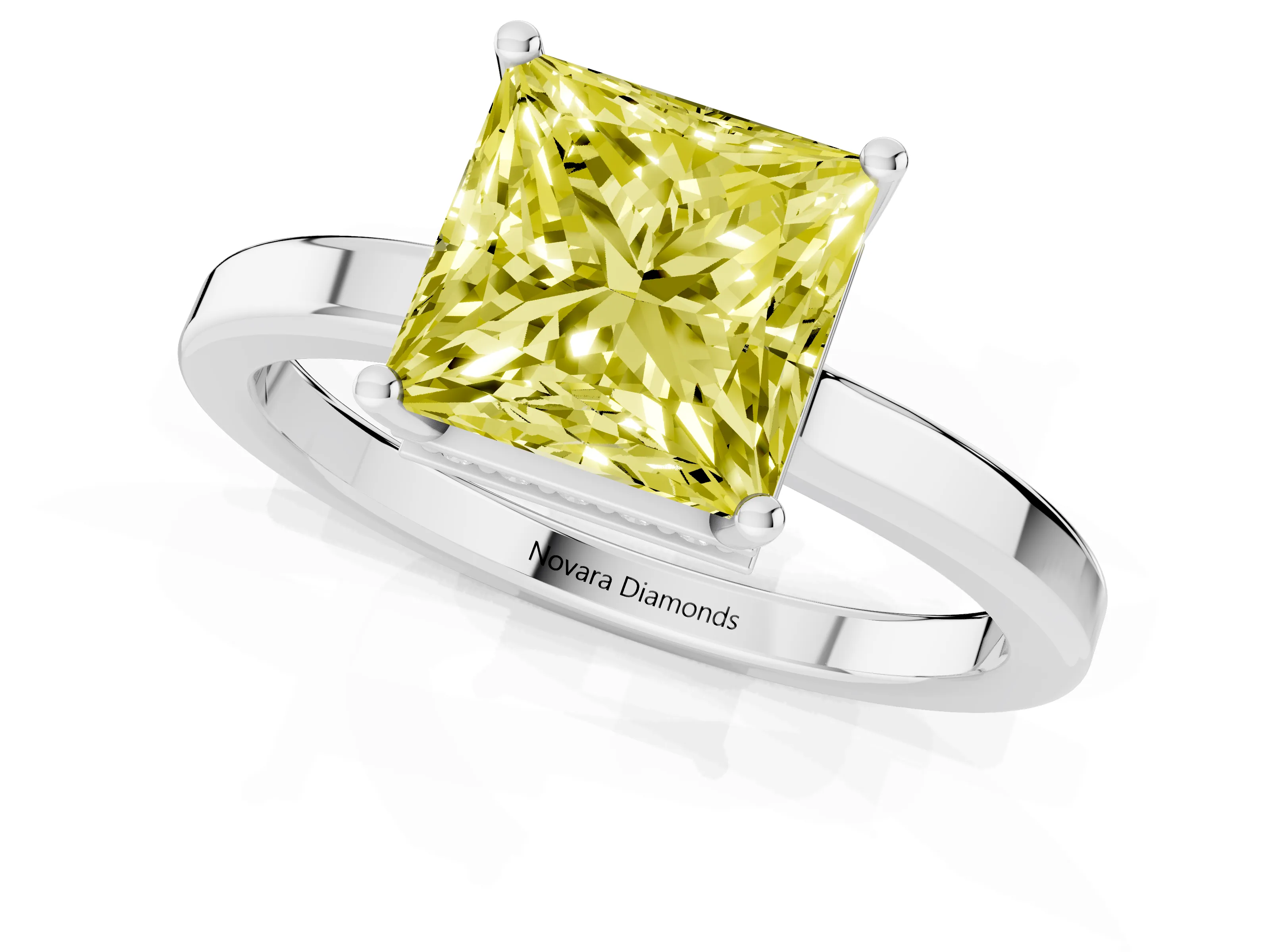 Fancy Yellow Princess Cut Diamond Solitaire Engagement Ring Set in White gold with Prong Setting on a Plain Band