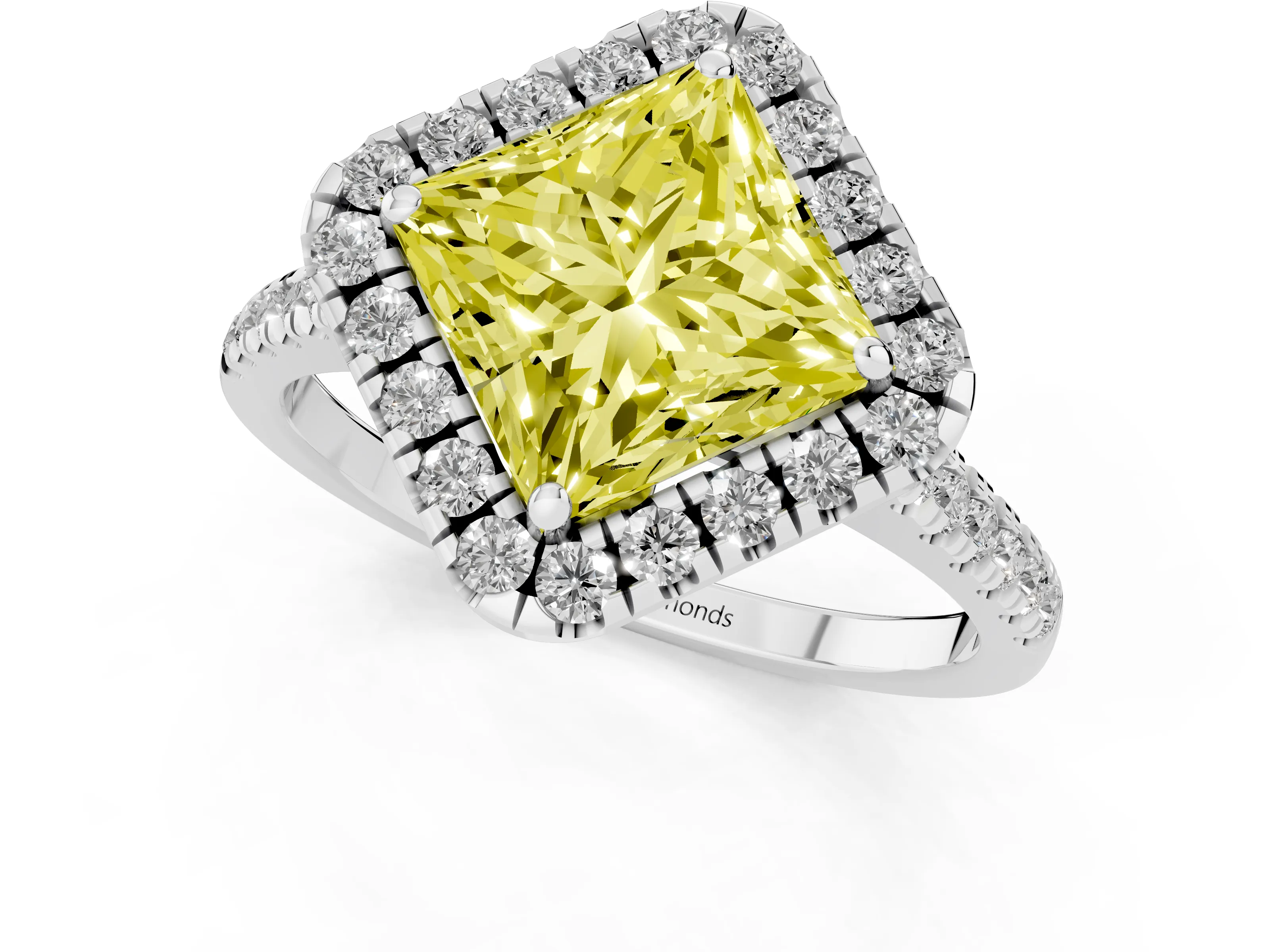 Fancy Yellow Princess Cut Diamond Cushion Halo Ring Set in White gold with Pavé Band – second view