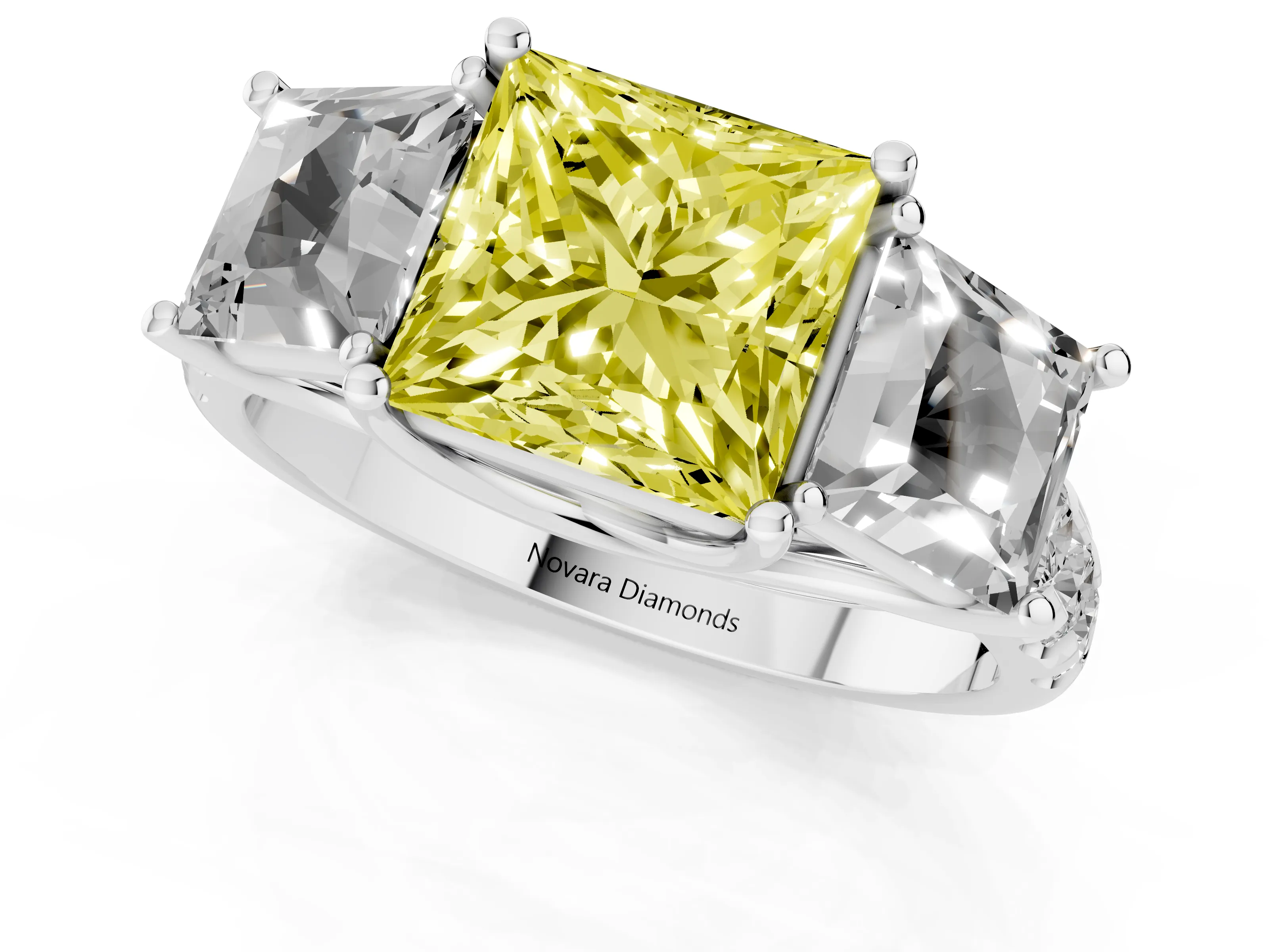 Fancy Yellow Princess Cut Diamond Three-Stone Ring Set in White gold with Pavé Band