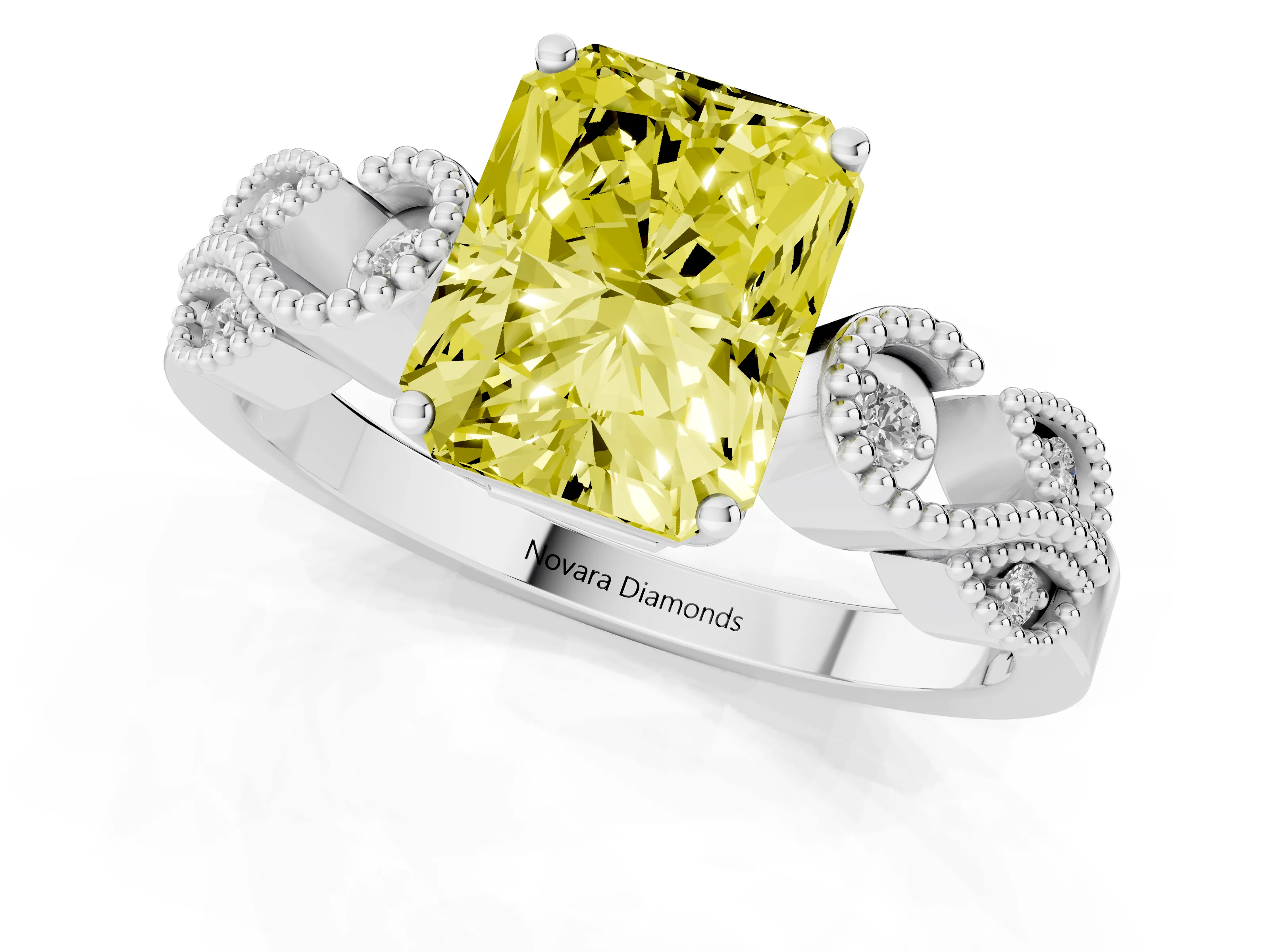 Fancy Yellow Princess Cut Diamond Milgrain Leaf Band Solitaire Ring Set in Silver with Accent Stones and Prong Setting