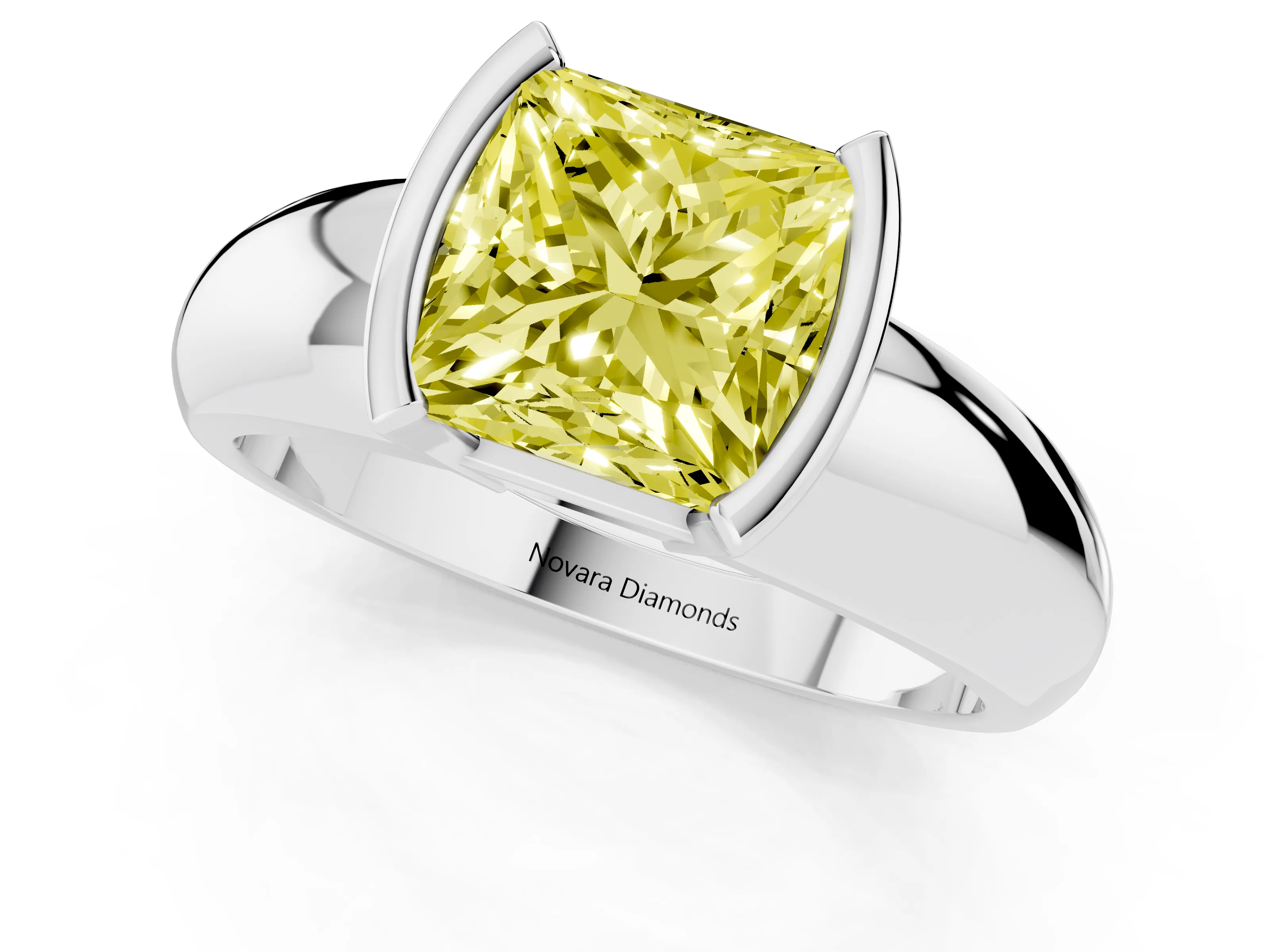 Fancy Yellow Princess Cut Diamond Solitaire Tension Set Ring Set in White gold with Wide Band