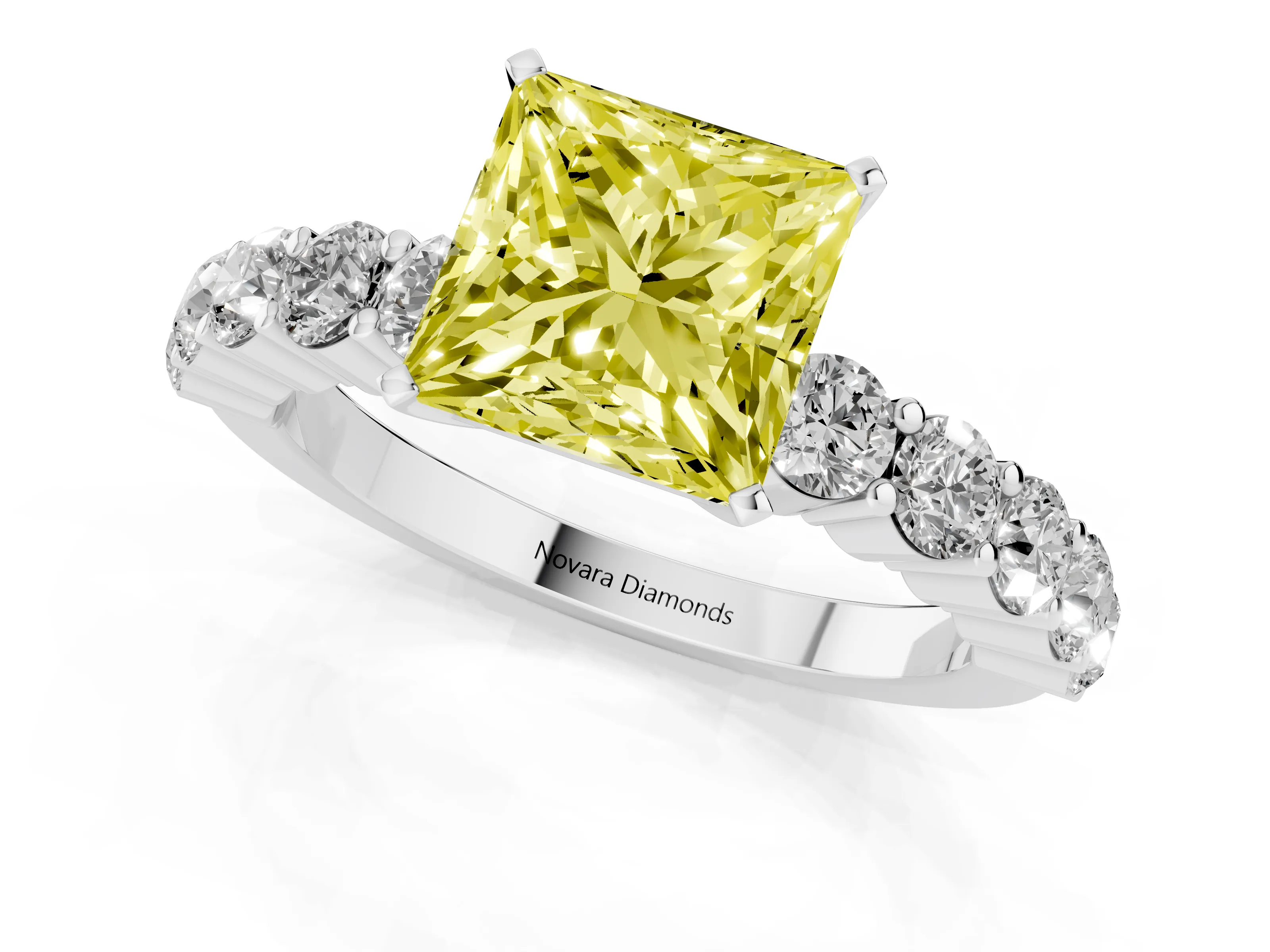 Fancy Yellow Princess Cut Diamond Solitaire Ring Set in White gold with Shared Prong Round Side Stones