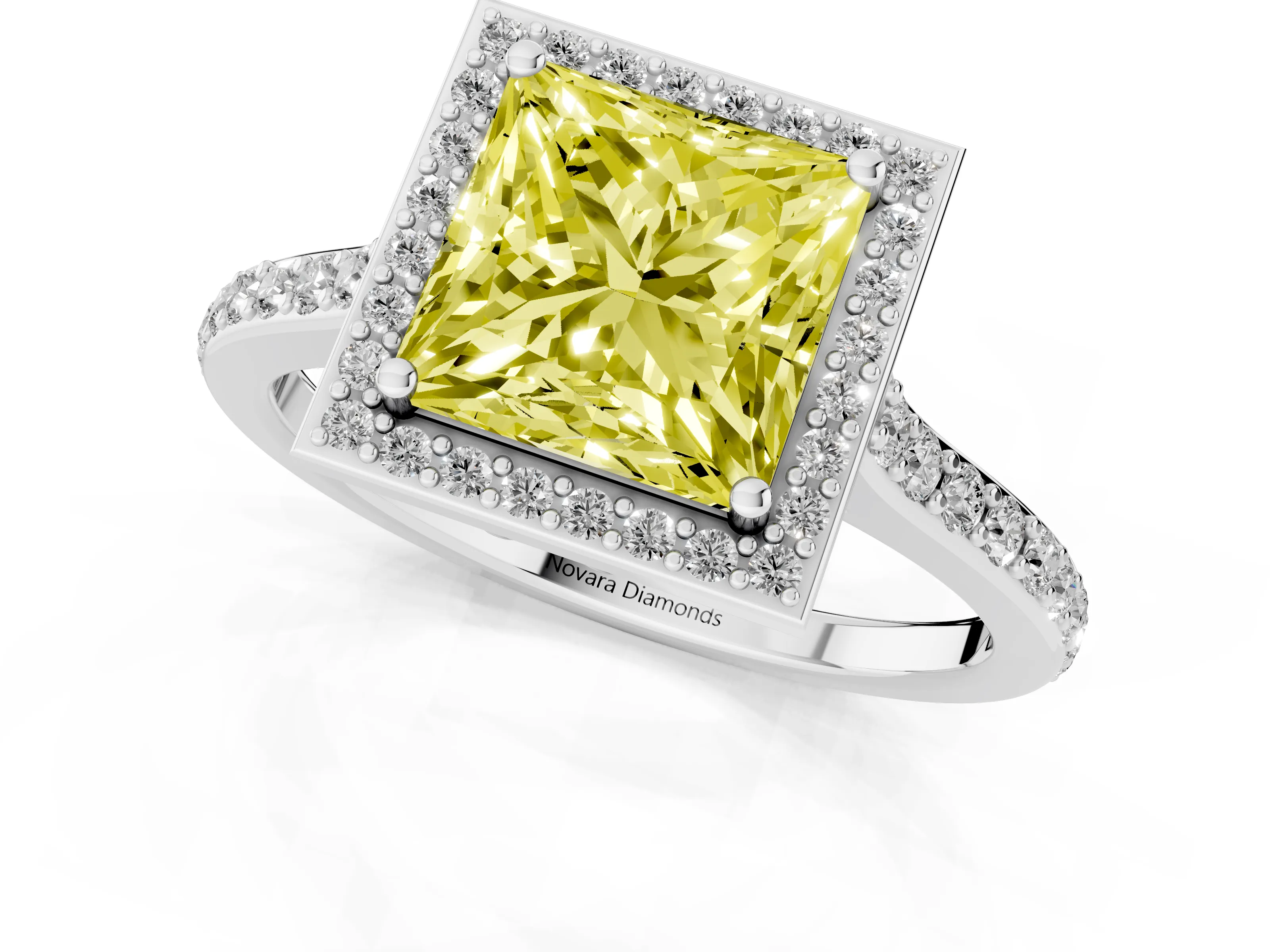 Fancy Yellow Princess Cut Diamond Halo Engagement Ring Set in Platinum with Round Pavé Shoulders and Heart Gallery – second view