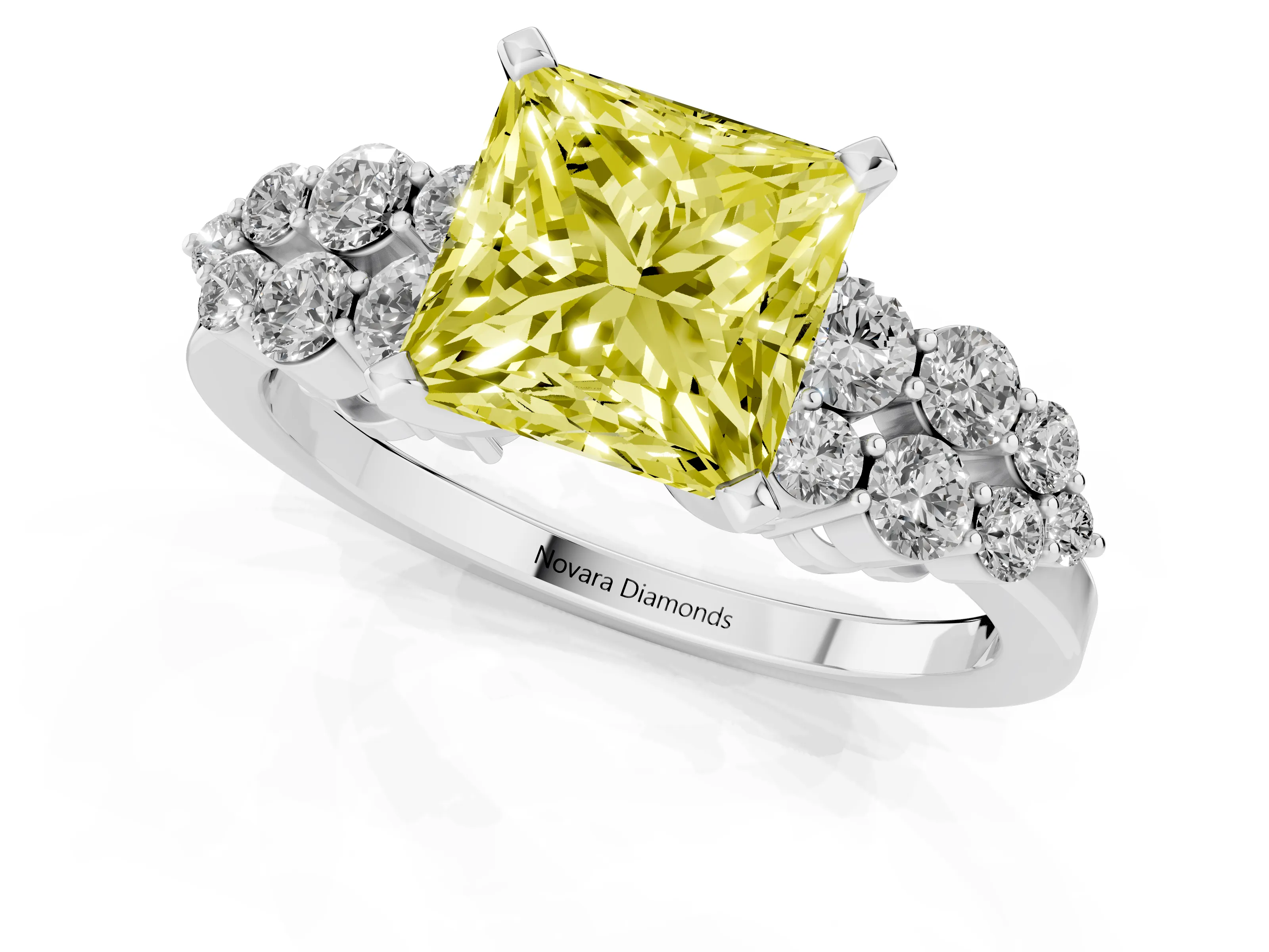 Fancy Yellow Princess Cut Diamond Cluster Engagement Ring Set in Platinum with Pavé Band and Prong Setting