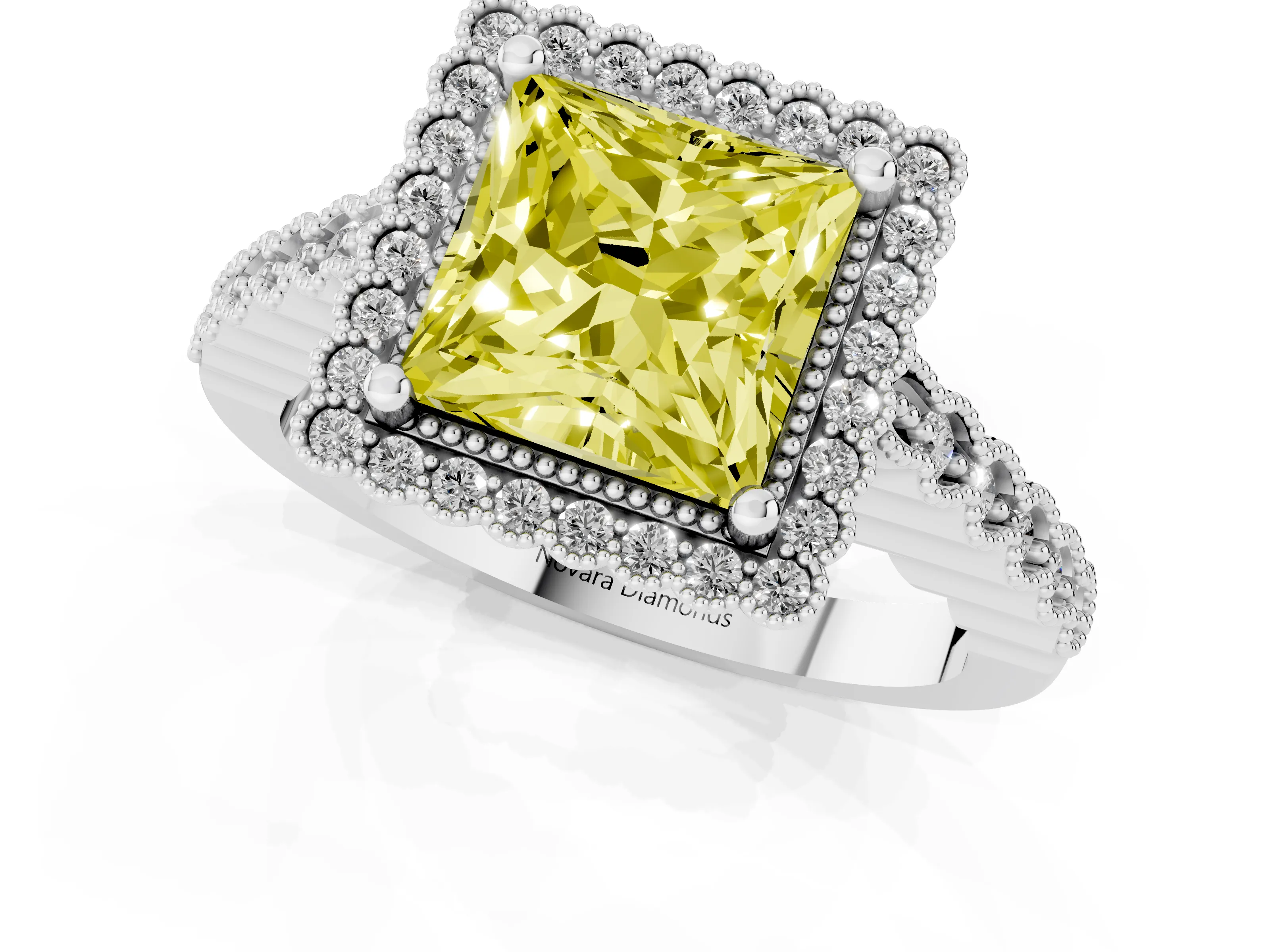 Fancy Yellow Princess Cut Diamond Halo Ring Set in White gold with Pavé Milgrain Band – second view