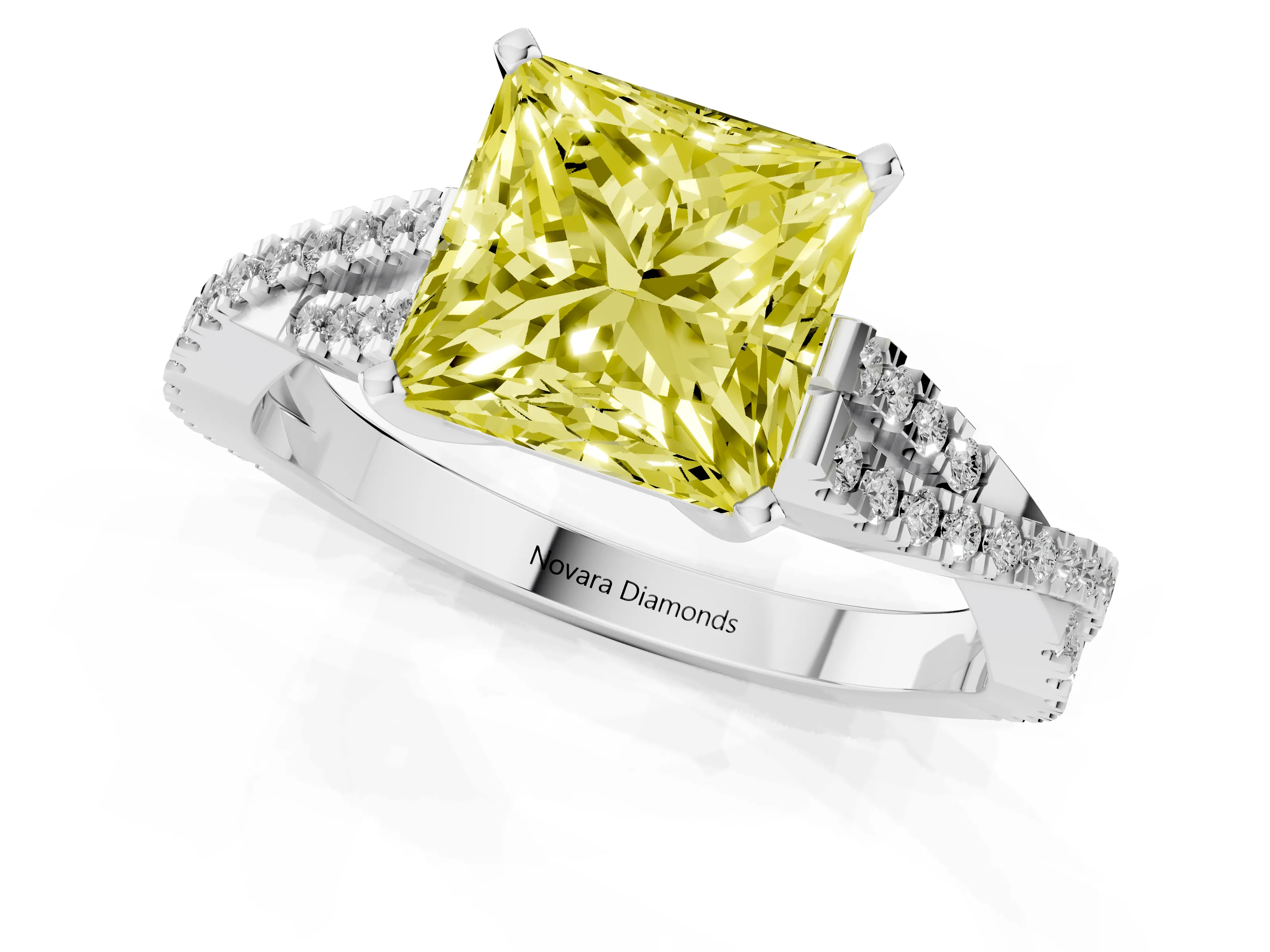 Fancy Yellow Princess Cut Diamond Solitaire Engagement Ring Set in White gold with Twisted Pavé Band and Prong Setting