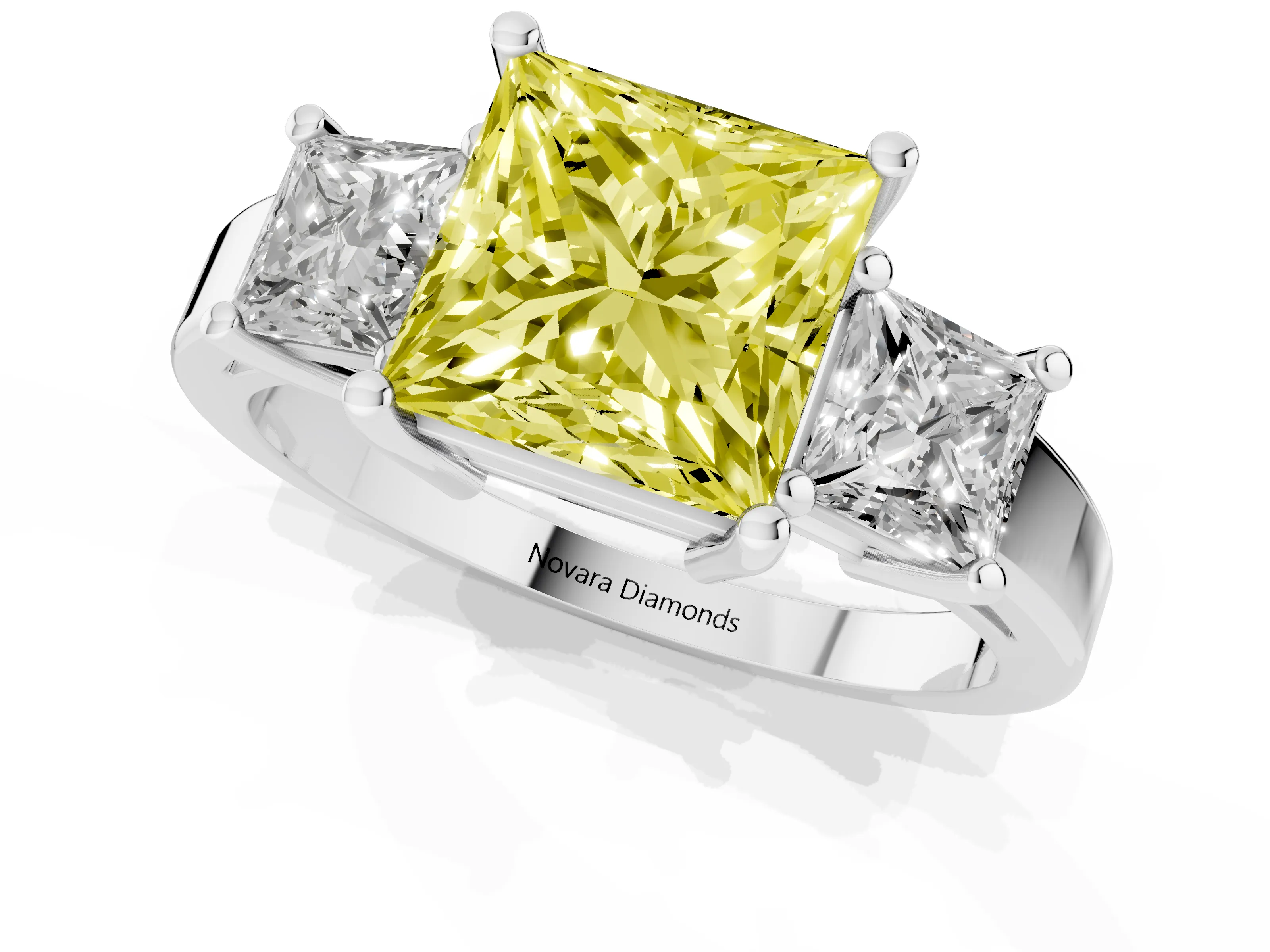 Fancy Yellow Three-Stone Princess Cut Diamond Solitaire Ring Set in Platinum with Prong Setting