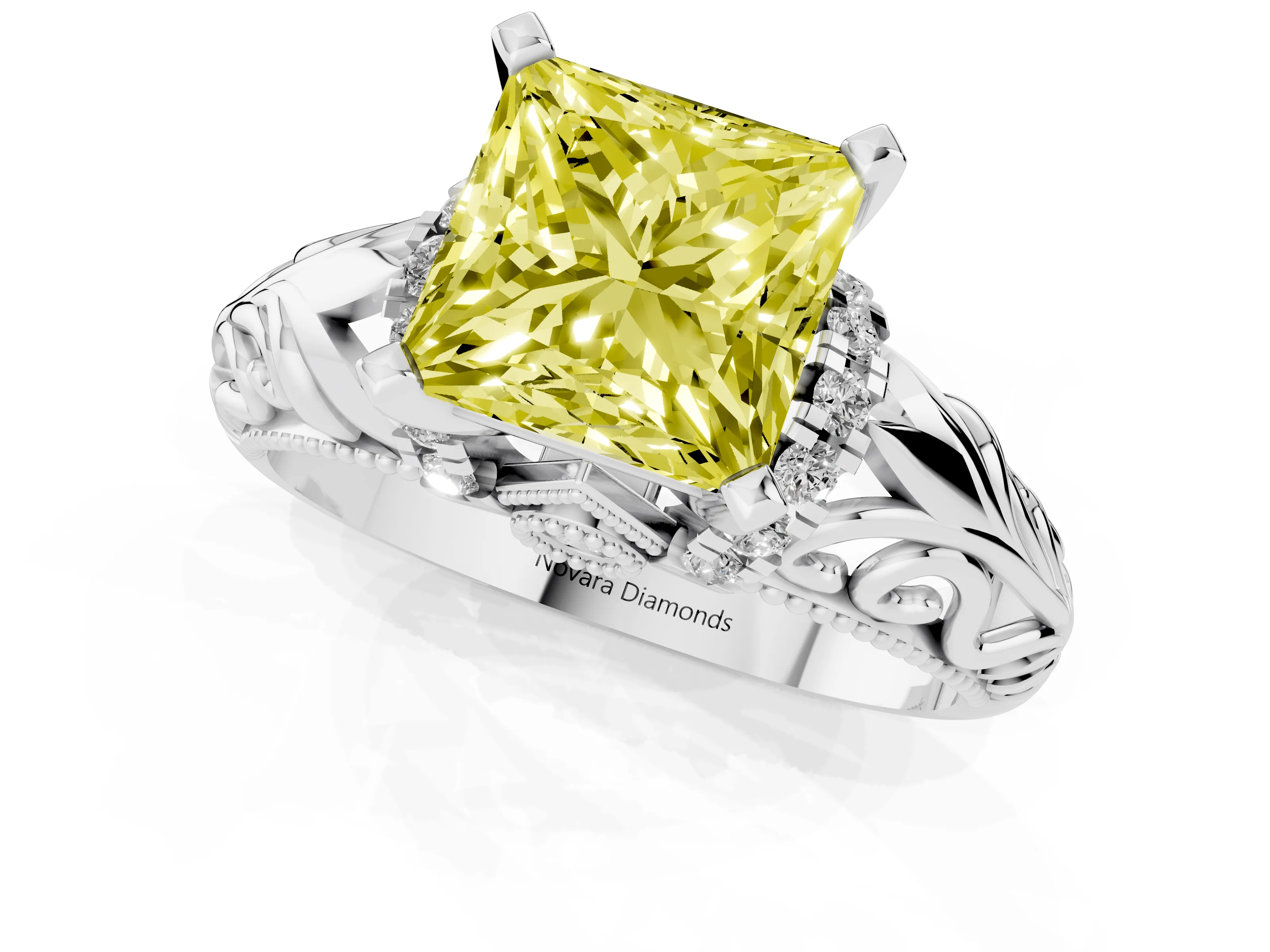 Fancy Yellow Princess Cut Diamond Filigree Halo Engagement Ring Set in White gold with Prong Setting
