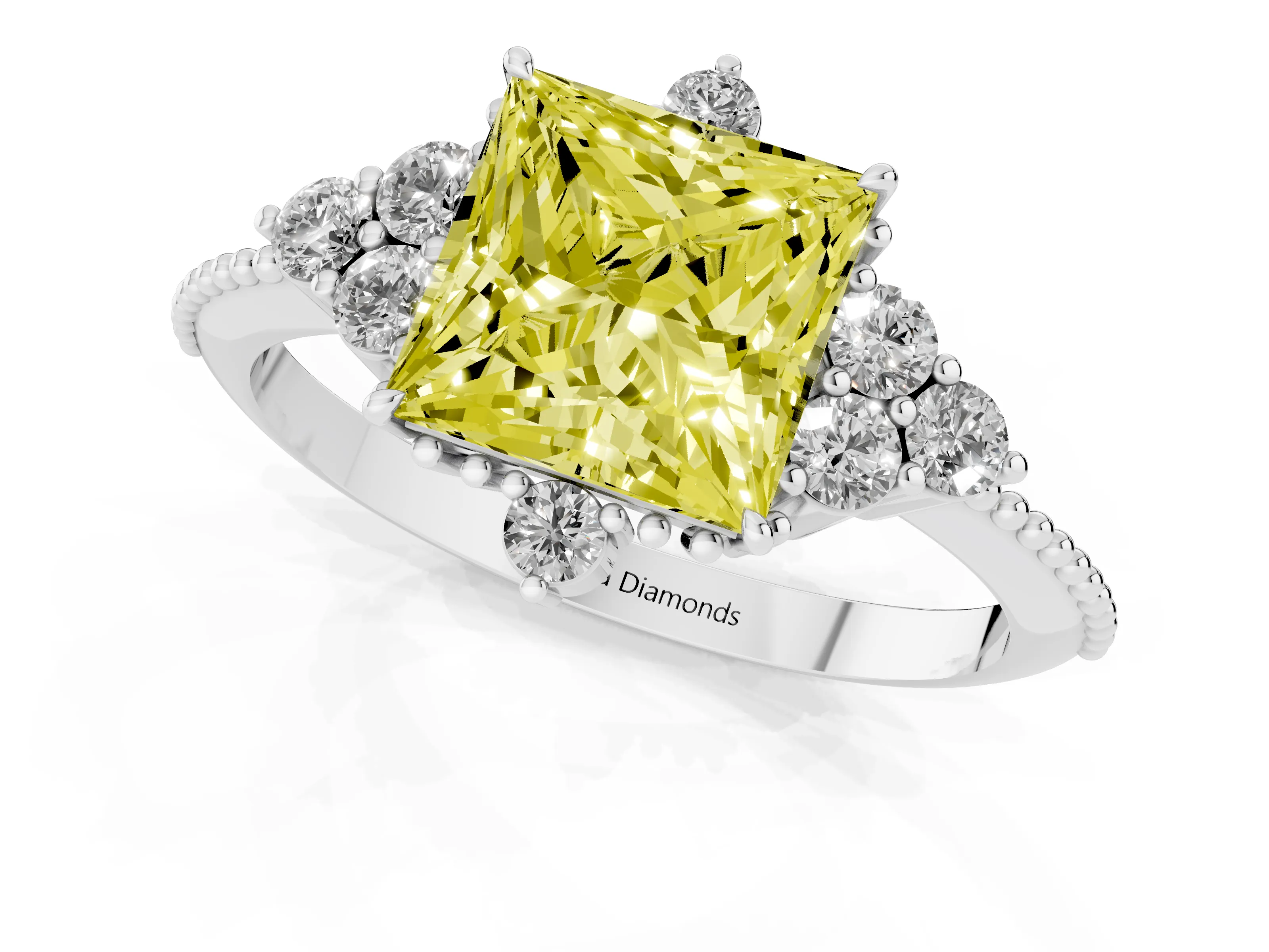 Fancy Yellow Princess Cut Diamond Cluster Ring Set in Silver with Beaded Band