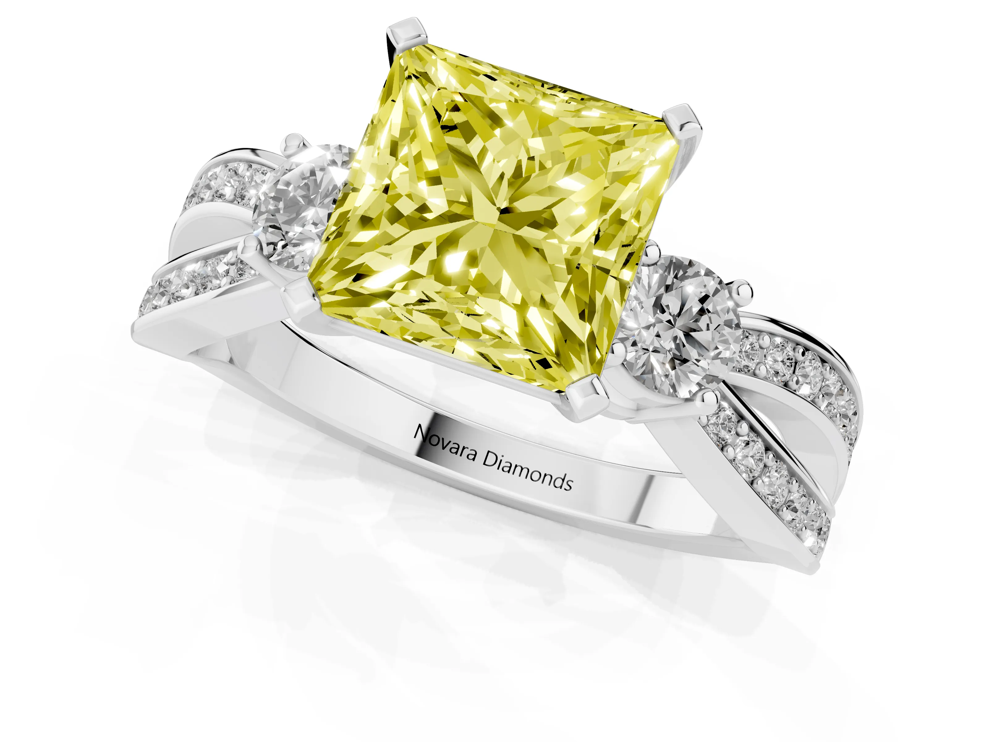 Fancy Yellow Three-Stone Princess Cut Diamond Twist Band Ring Set in Silver with Pavé Accents and Prong Setting