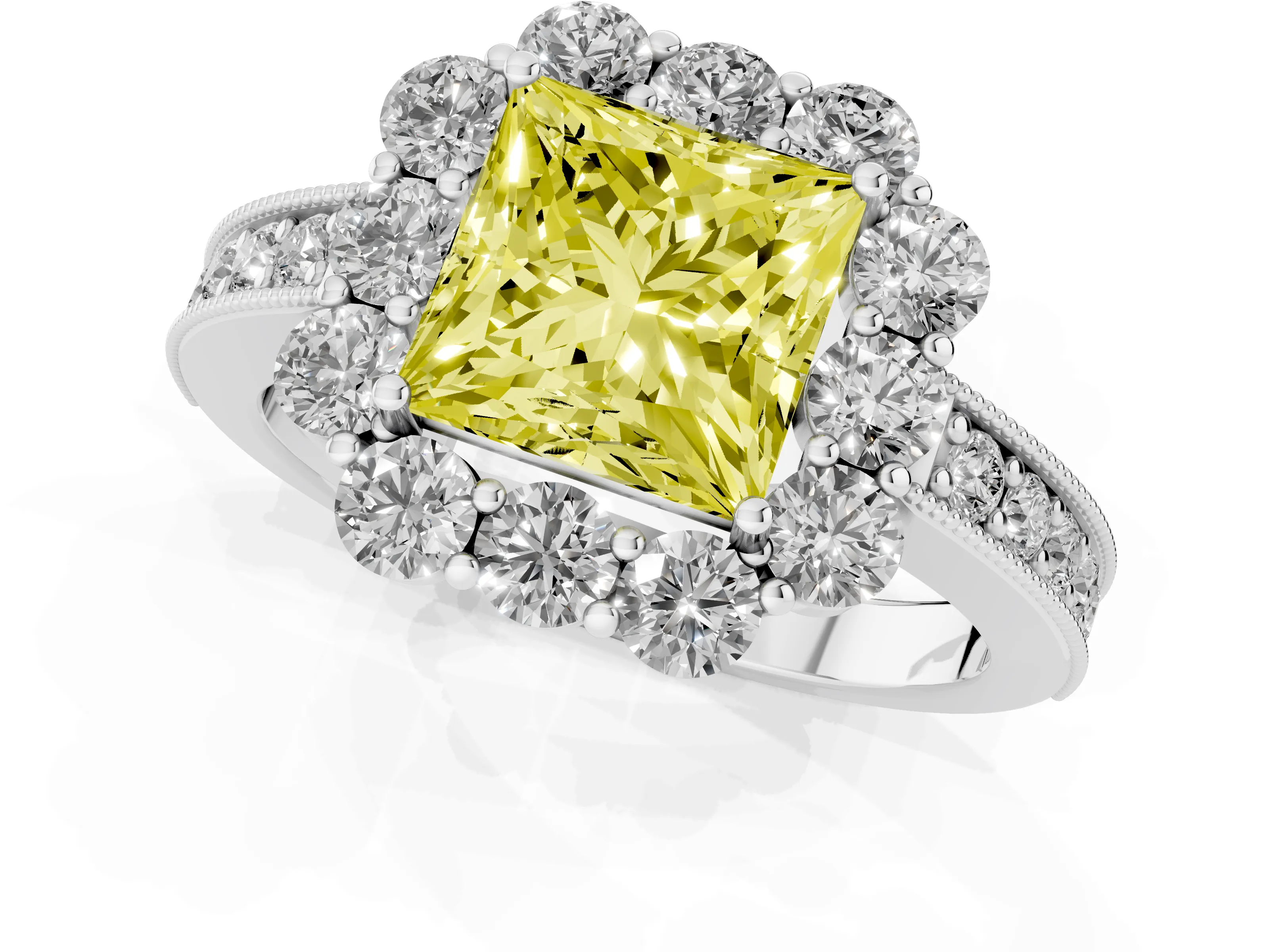 Fancy Yellow Princess Cut Diamond Halo Pavé Engagement Ring Set in White gold with Milgrain Detailing