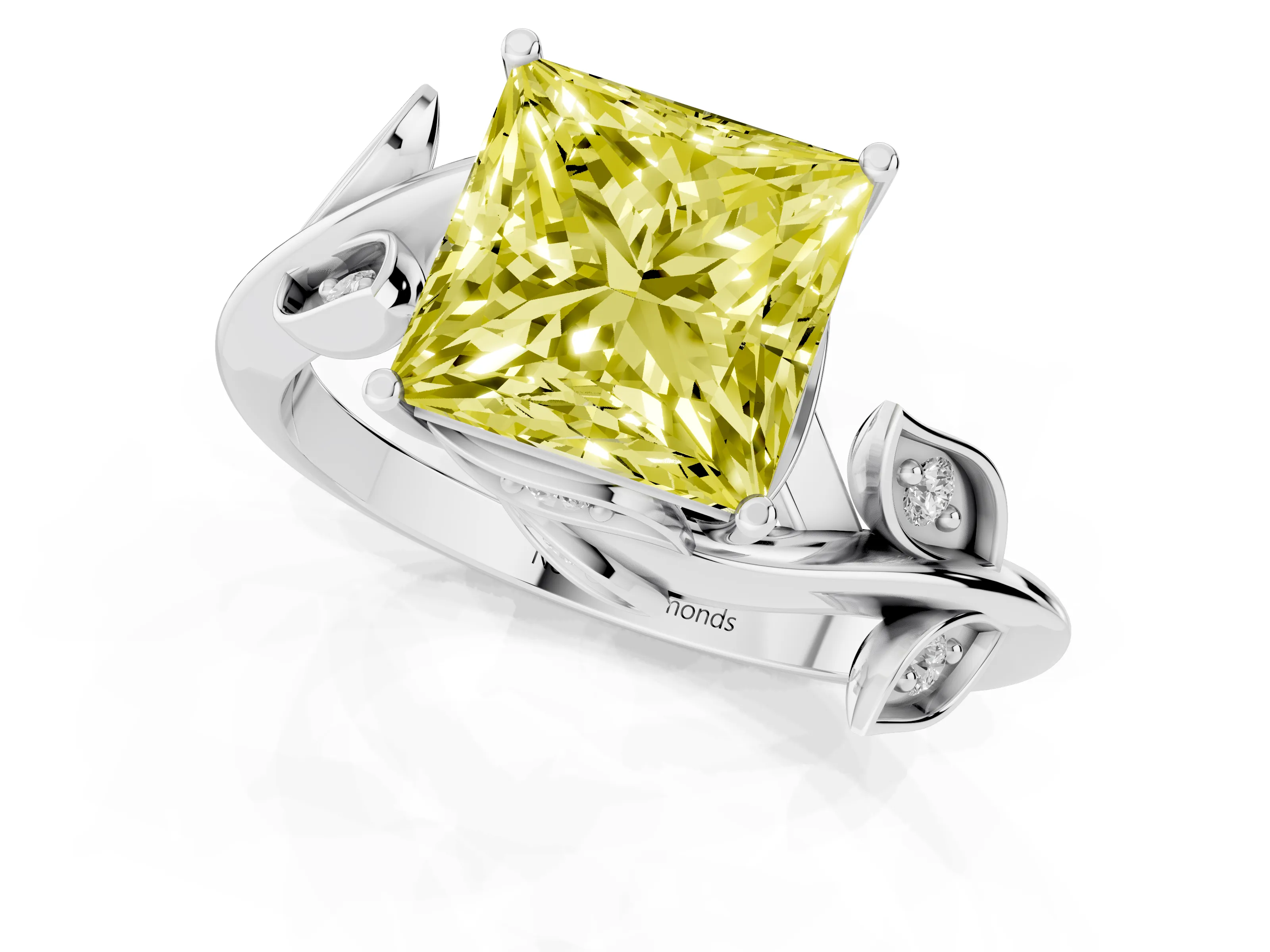 Fancy Yellow Princess Cut Diamond Solitaire Twist Engagement Ring Set in White gold with Pavé Leaf Accents