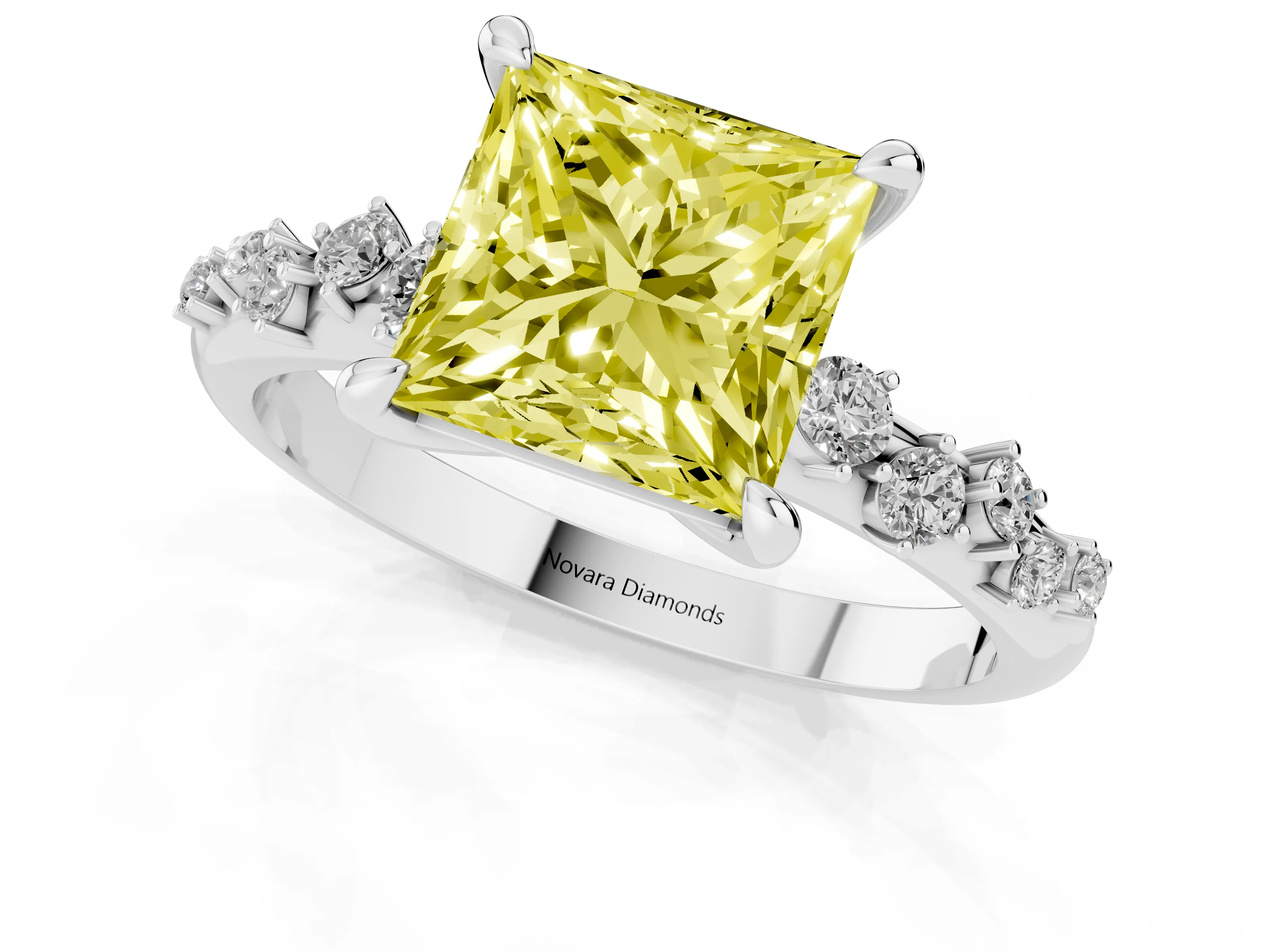 Fancy Yellow Princess Cut Diamond Solitaire Vine Band Ring Set in Platinum with Round Accents and Prong Setting – second view