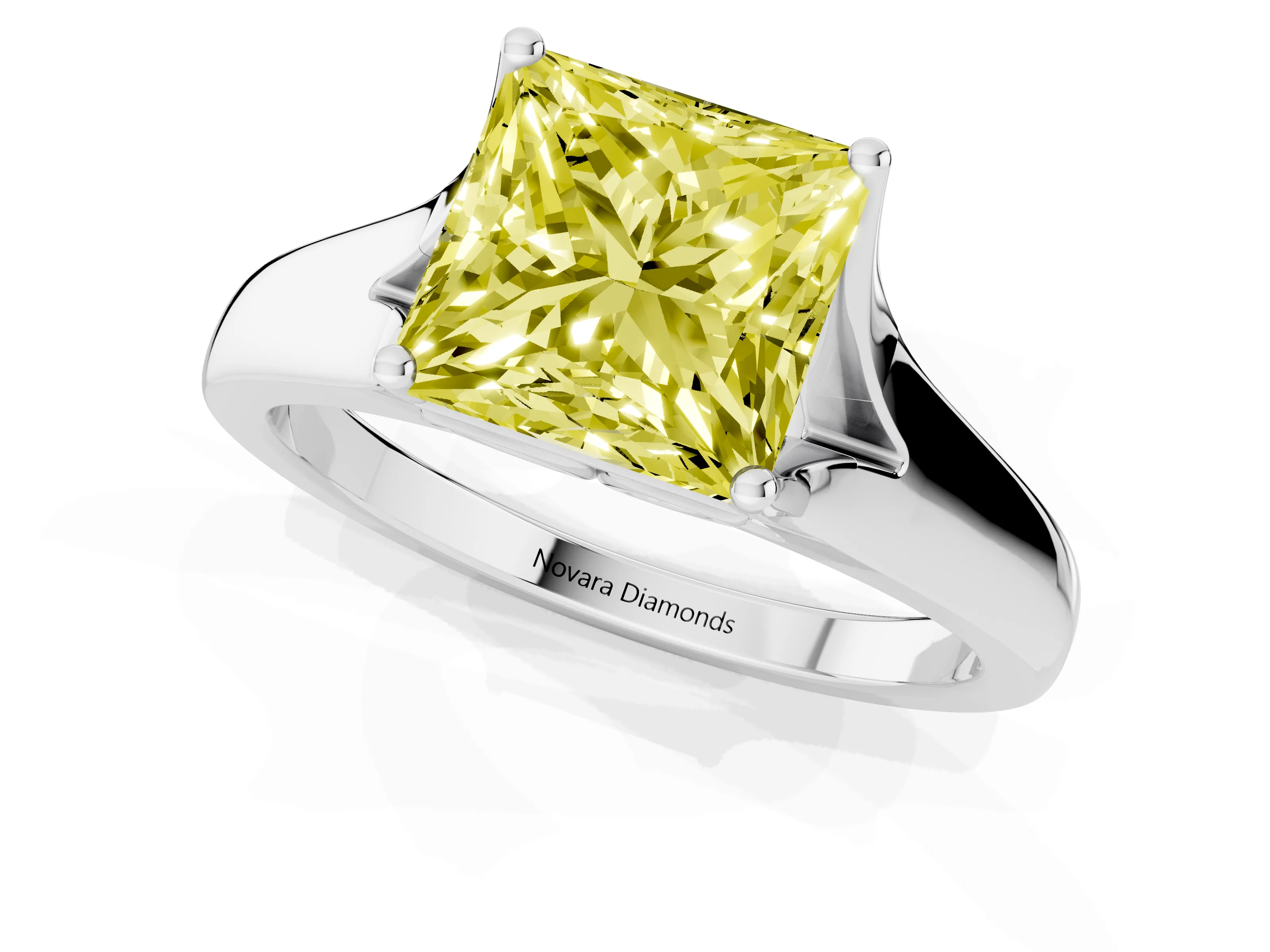 Fancy Yellow Princess Cut Diamond Solitaire Ring Set in Platinum with Arched Cathedral Band and Prong Setting