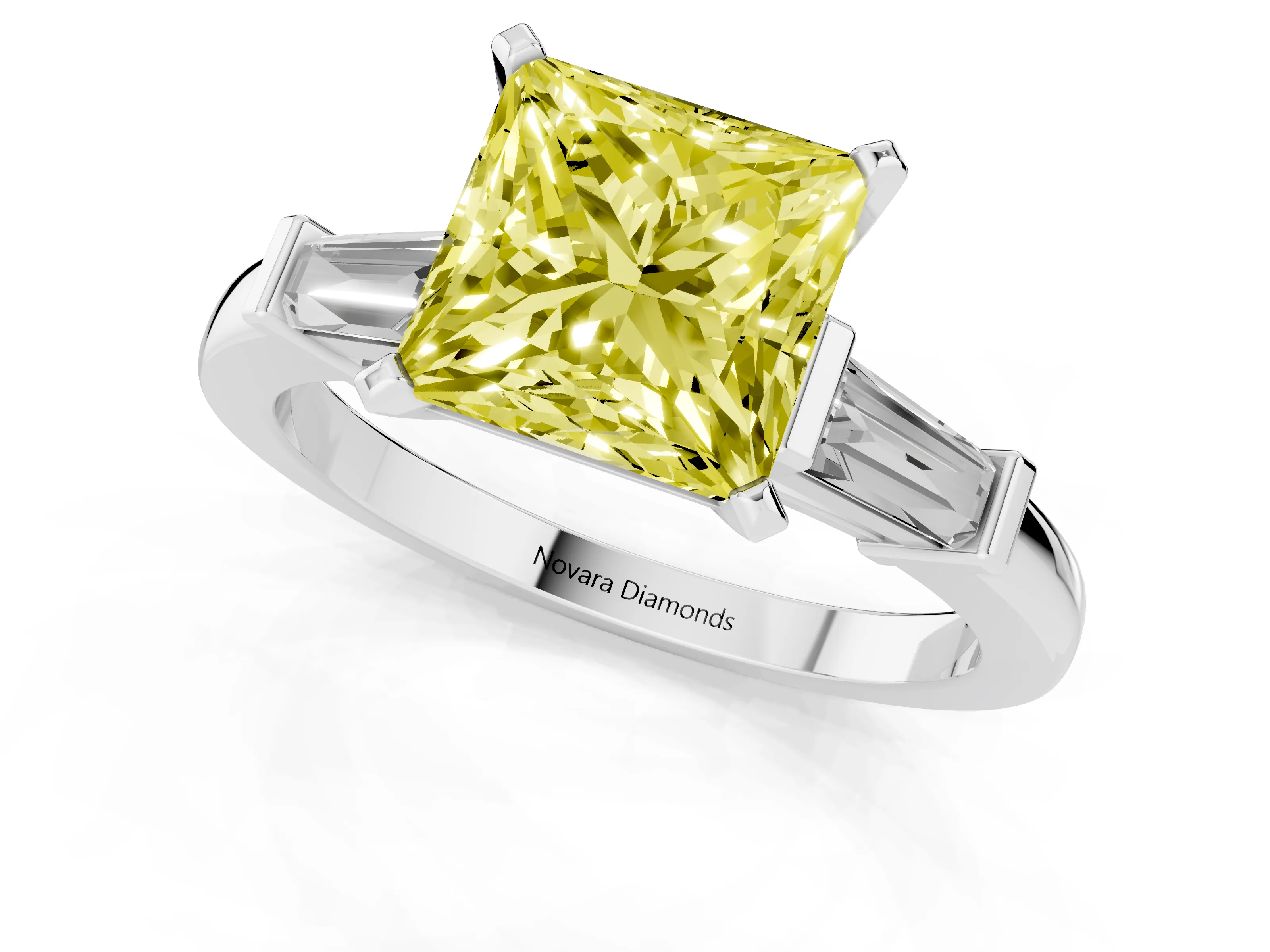 Fancy Yellow Princess Cut Diamond Solitaire Ring Set in White gold with Tapered Baguette Accents and Prong Setting
