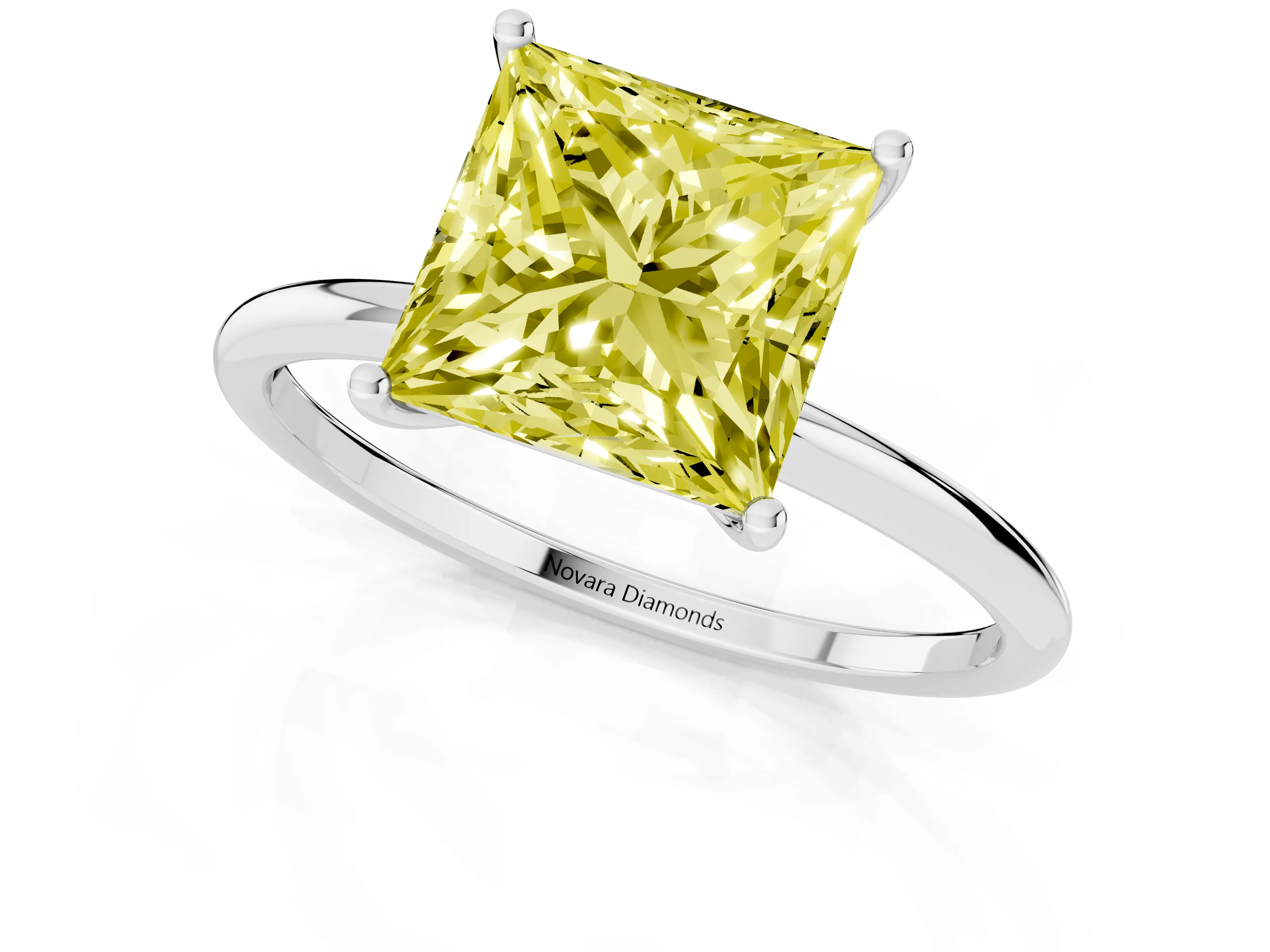 Fancy Yellow Princess Cut Diamond Solitaire Engagement Ring Set in Platinum with Thin Band and Prong Setting – second view