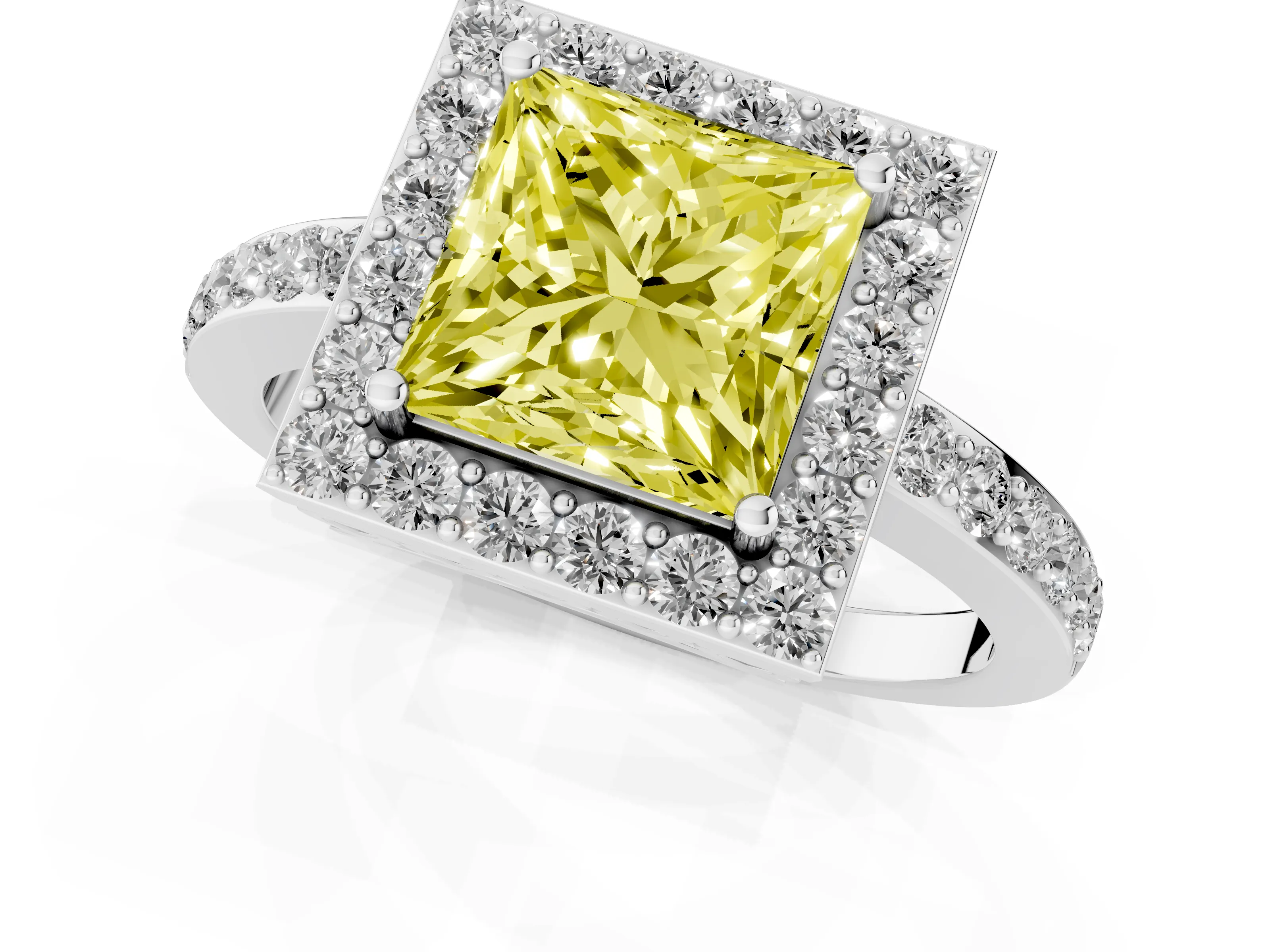 Fancy Yellow Princess Cut Diamond Halo Ring Set in Silver with Pavé-Setting Band and Open Prong Center