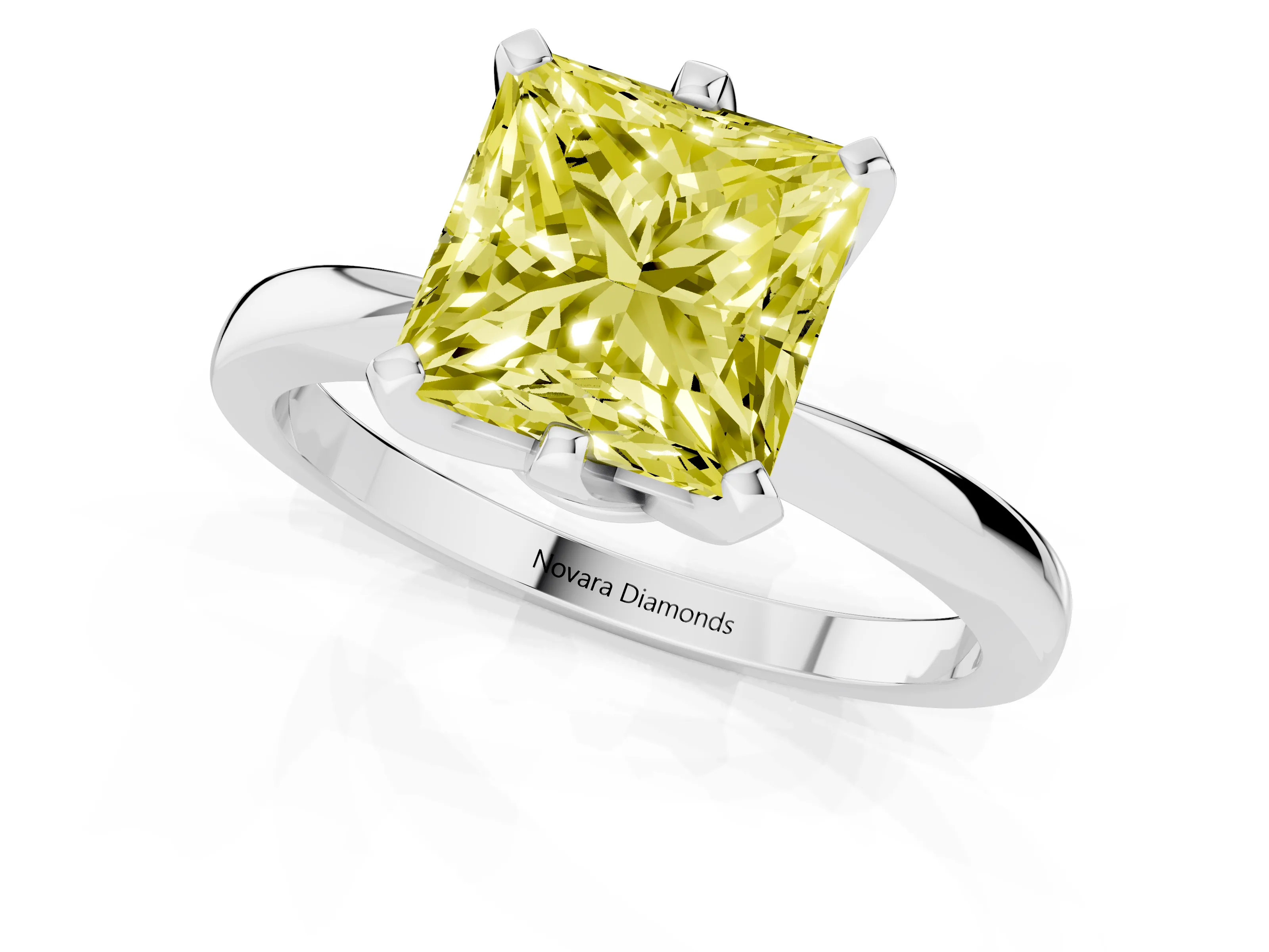 Fancy Yellow Princess Cut Diamond Solitaire Engagement Ring Set in Platinum with Slim Tapered Solitaire Band