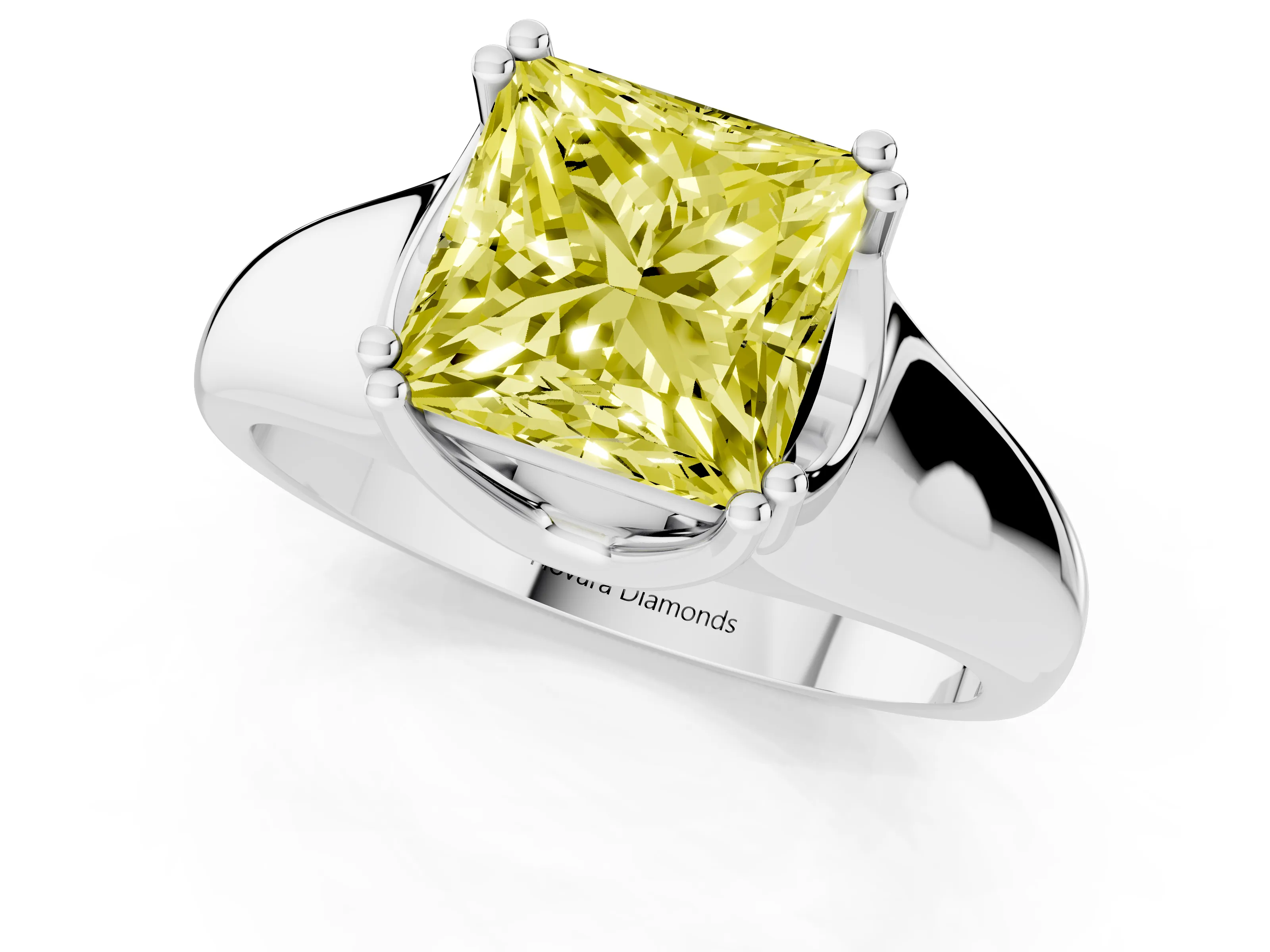 Fancy Yellow Princess Cut Diamond Solitaire Ring Set in Platinum with Wide Band and Prong Setting