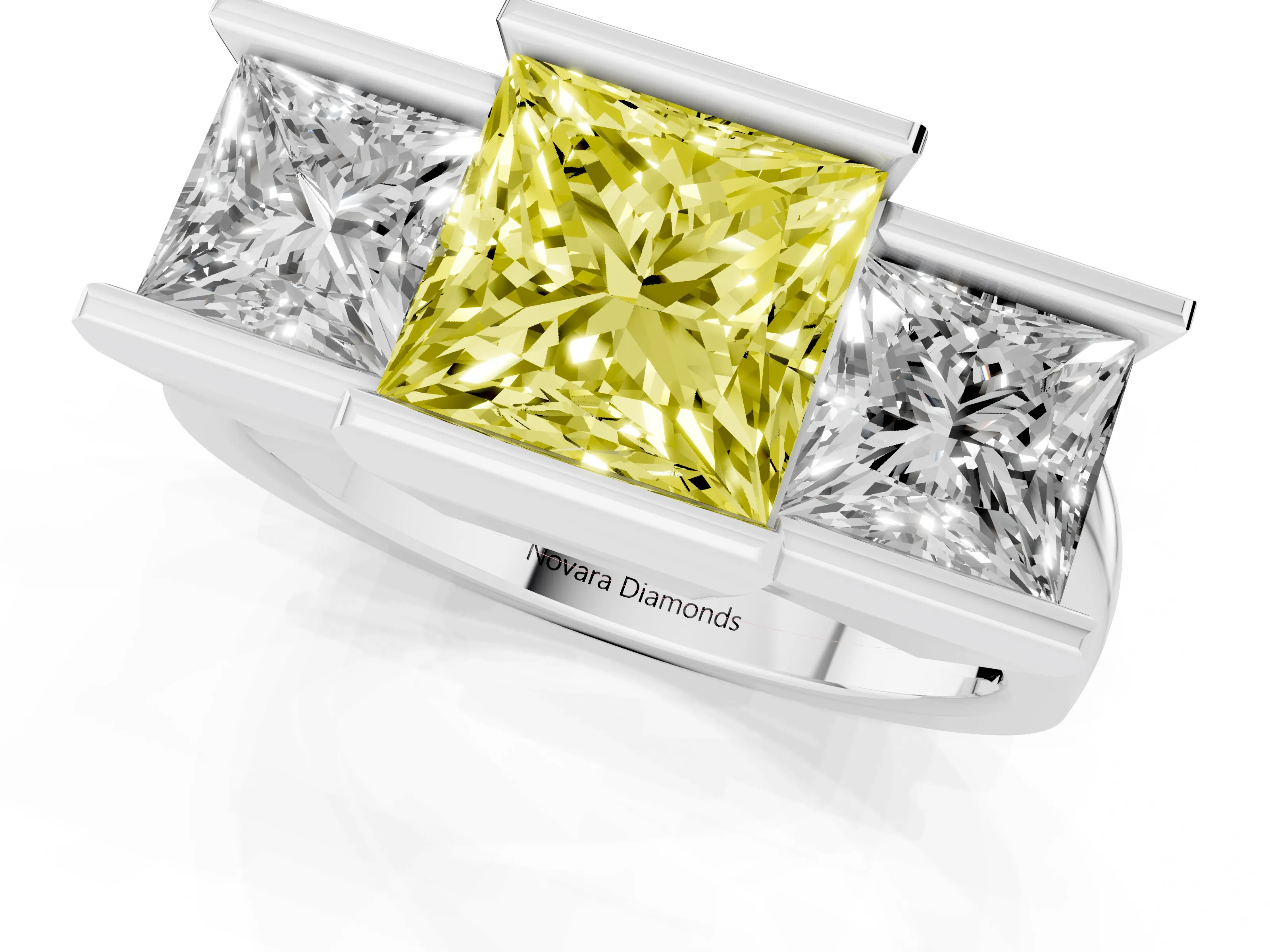 Fancy Yellow Princess Cut Diamond Three-Stone Channel Set Ring Set in Platinum with Smooth Polished Band